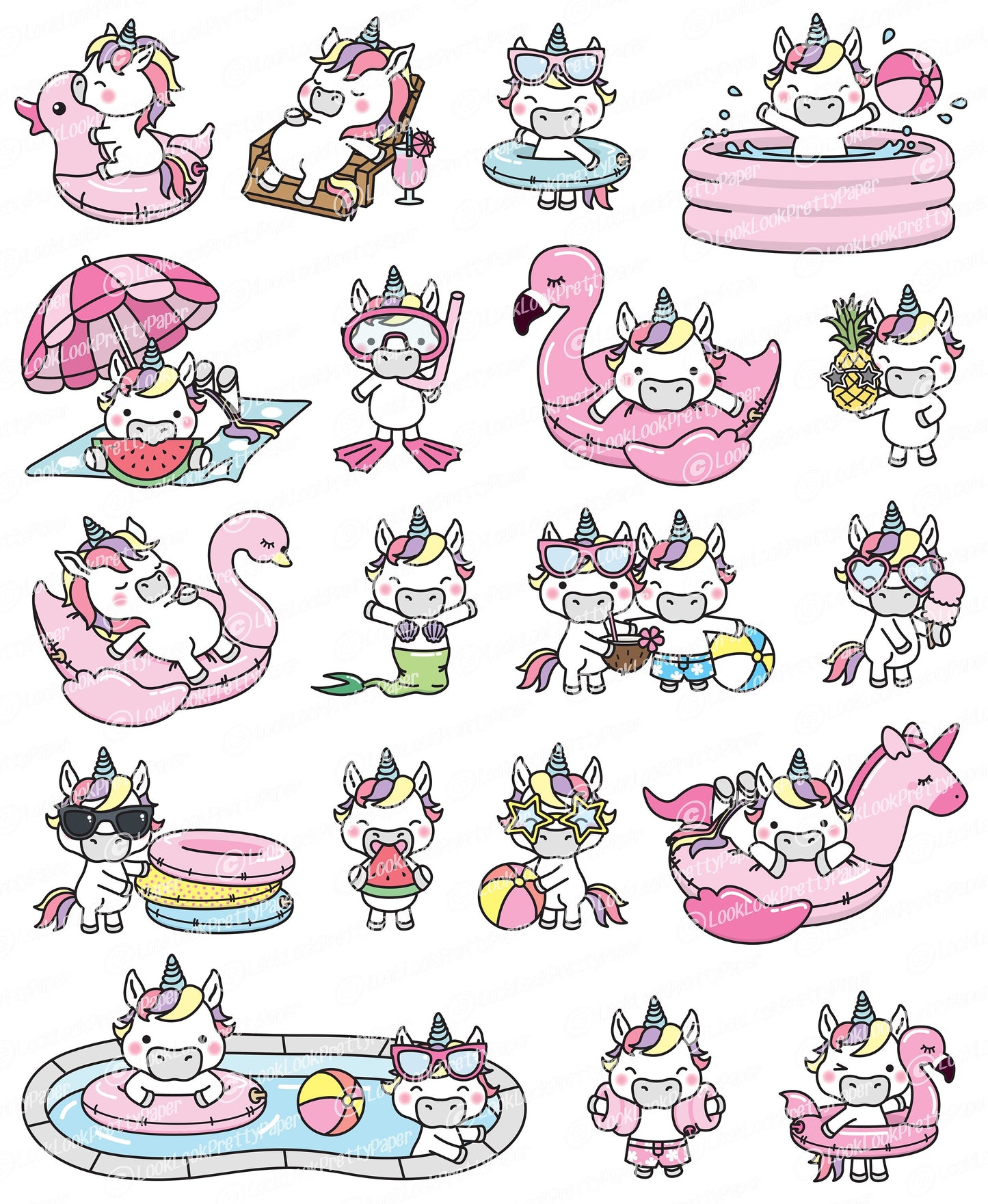 Premium Vector Clipart - Kawaii Unicorn - Cute Unicorn Pool Party Clipart - Pool Party - Instant Download - Kawaii Clipart