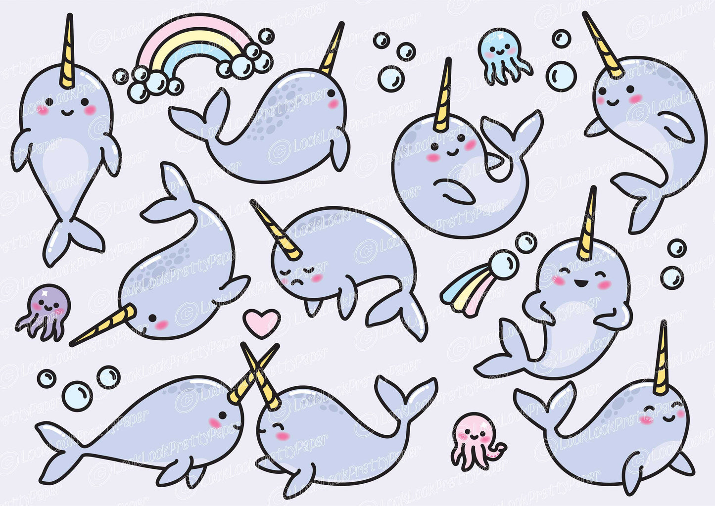 Premium Vector Clipart - Kawaii Narwhal - Cute Narwhal Clipart Set - High Quality Vectors - Instant Download - Kawaii Clipart