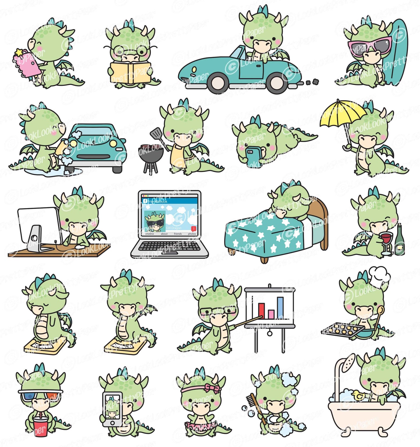 Premium Vector Clipart - Kawaii Dragon - Cute Dragon Planning Clipart - Instant Download - Kawaii Clipart