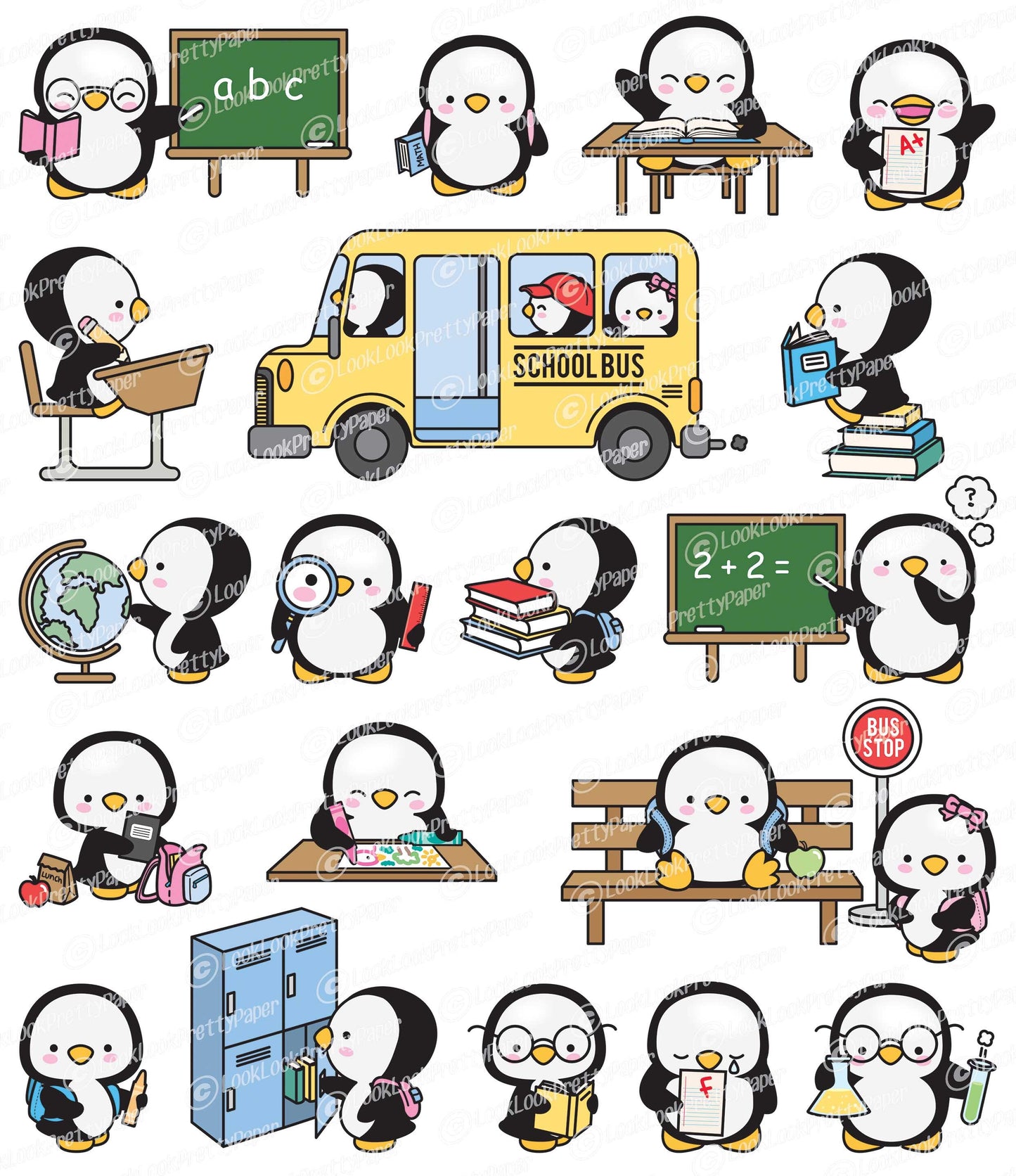 Premium Vector Clipart - Kawaii Penguins Back To School - Cute Penguins Clipart Set - High Quality Vectors - Kawaii School Clipart