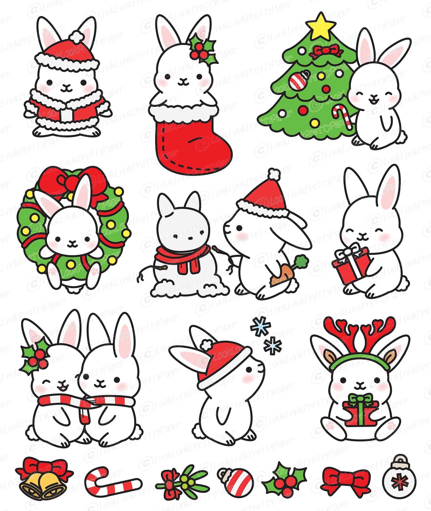 Premium Vector Clipart - Kawaii Christmas Bunnies - Cute Christmas Bunny Clipart Set - High Quality Vectors - Kawaii Christmas Clipart