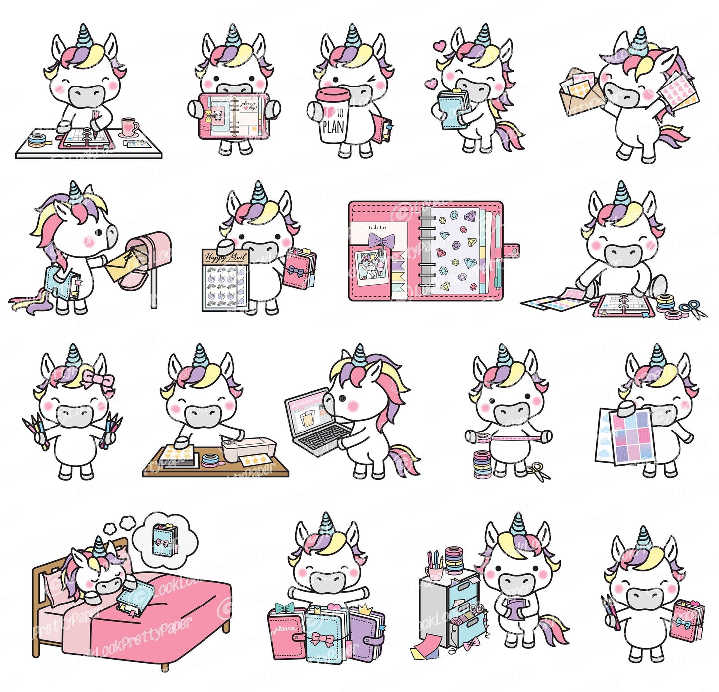 Premium Vector Clipart - Kawaii Unicorn - Cute Unicorn Planner Addict Clipart - Unicorn Loves Planning - Instant Download - Kawaii Clipart