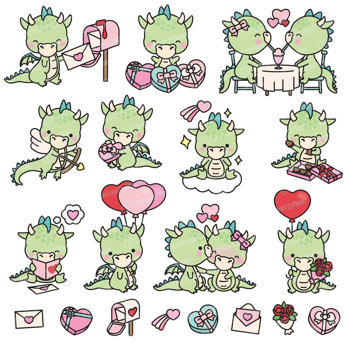 Premium Vector Clipart - Kawaii Valentines Day Dragons - Valentines Day Dragon Clipart - High Quality Vectors - Cute Valentines Day Clipart