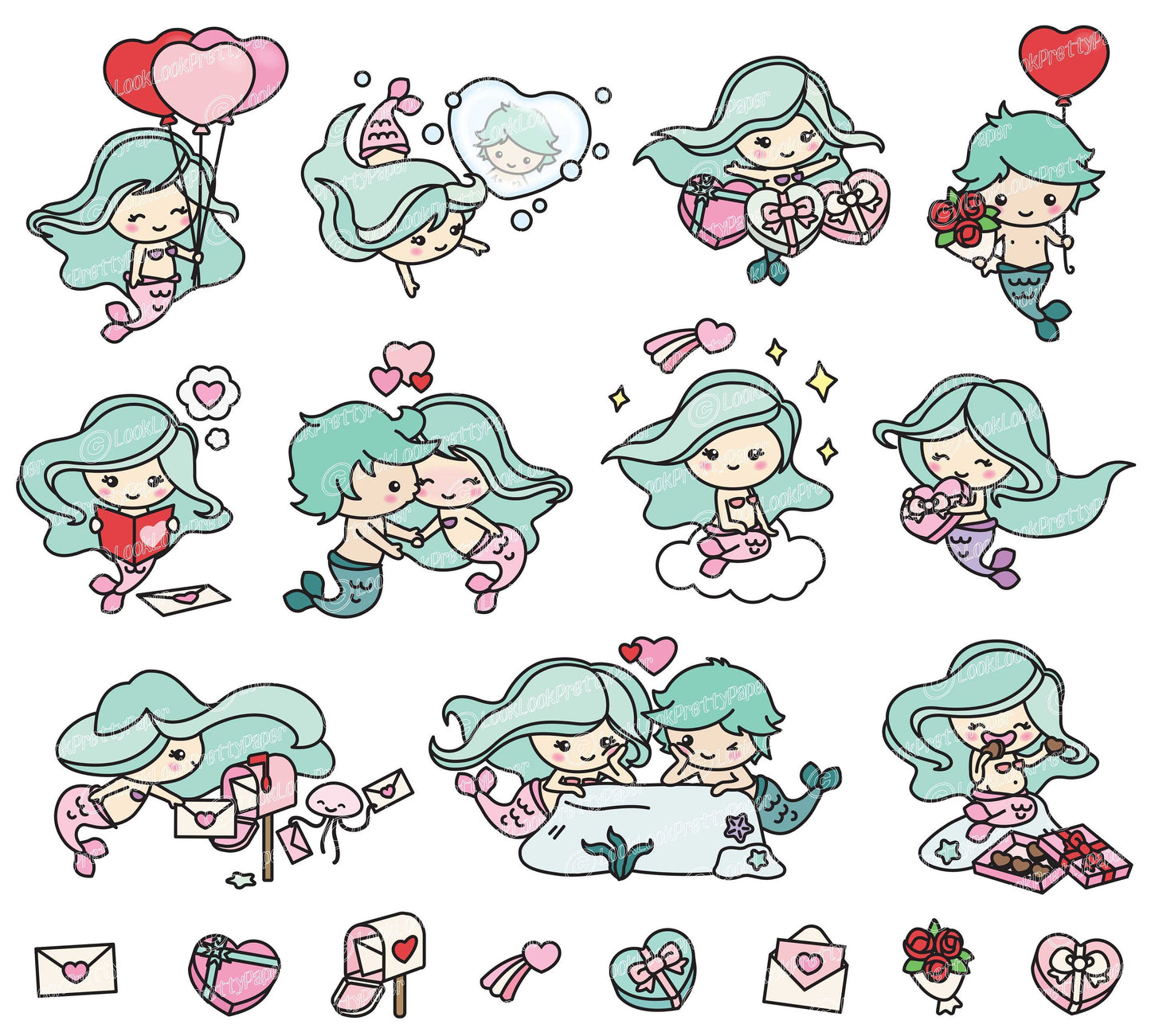 Premium Vector Clipart - Kawaii Valentines Mermaids - Valentines Day Mermaids Clipart Set - High Quality Vectors Cute Valentines Day Clipart