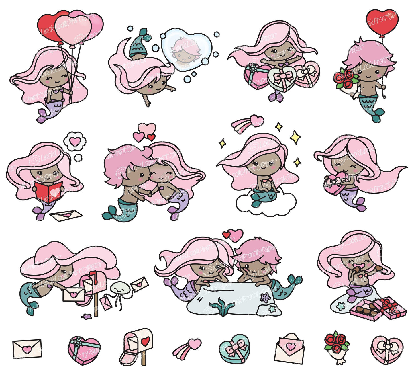 Premium Vector Clipart - Kawaii Valentines Mermaids - Valentines Day Mermaids Clipart Set - Dark Skin - Cute Valentines Day Clipart