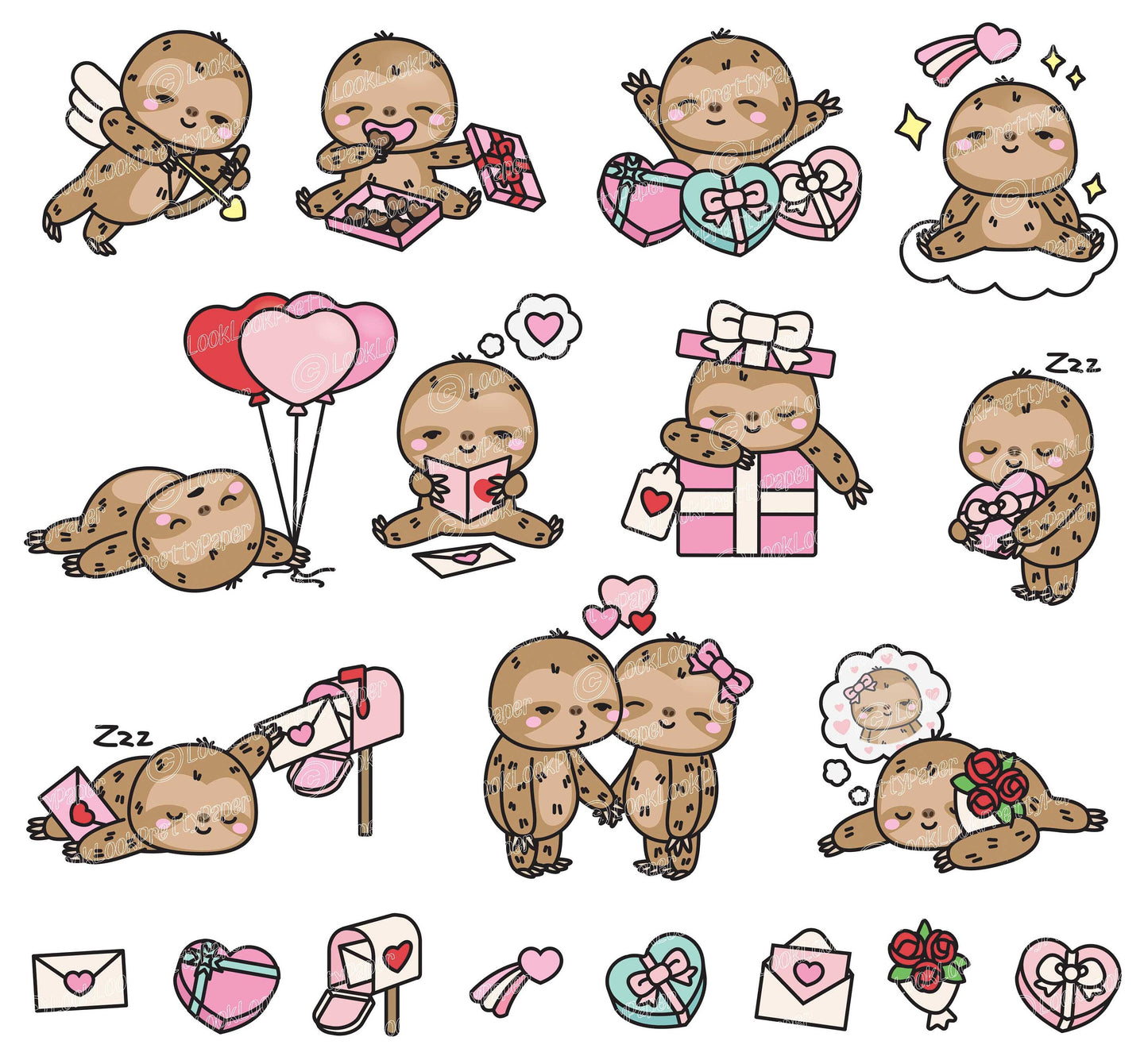 Premium Vector Clipart - Kawaii Valentines Day Sloths - Valentines Day Sloth Clipart - High Quality Vectors - Cute Valentines Day Clipart