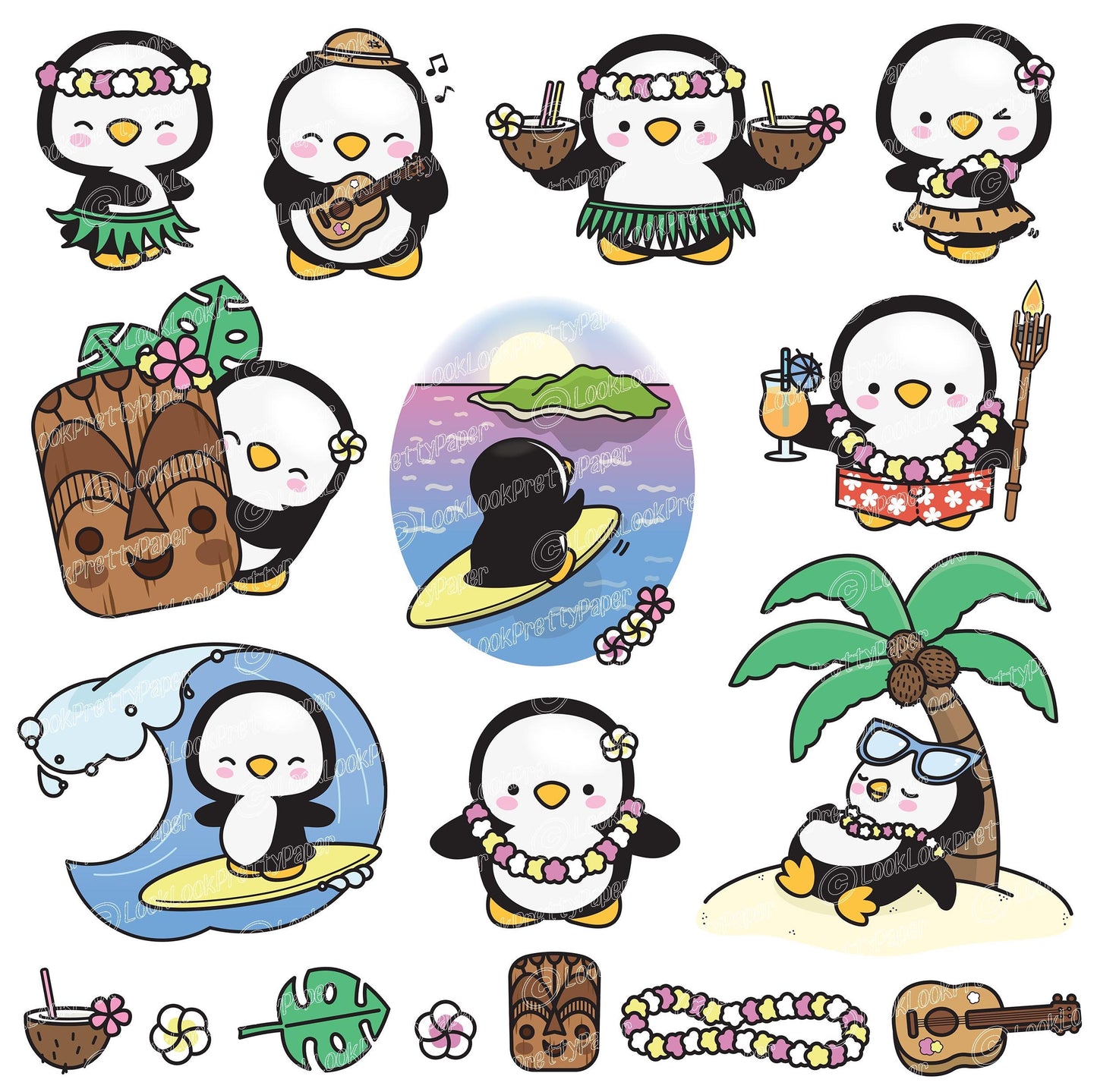 Premium Vector Clipart - Kawaii Penguin - Cute Penguin in Hawaii Clipart - Hawaii - Instant Download - Kawaii Clipart