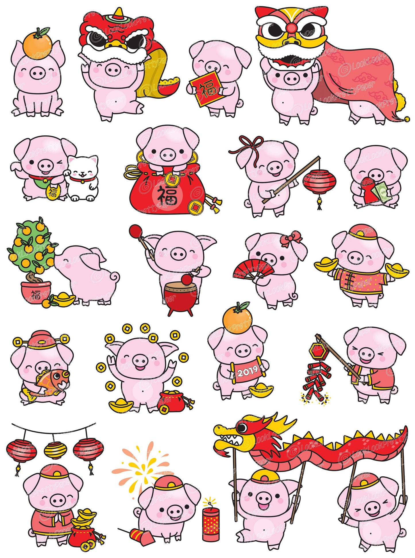 Premium Vector Clipart - Kawaii Chinese New Year - Cute Year of the Pig - 2019 - Kawaii Pig - Instant Download - Kawaii Clipart