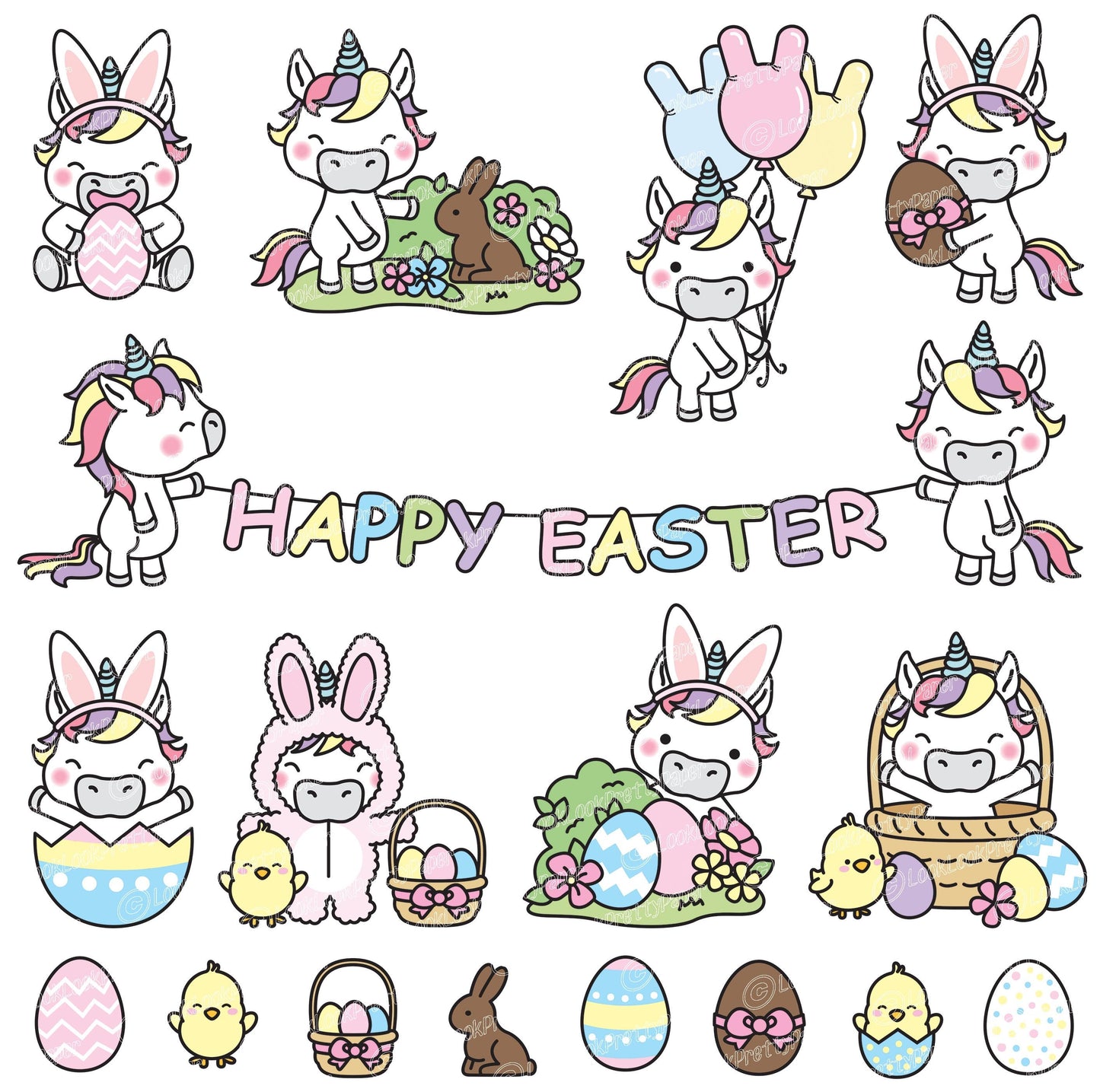 Premium Vector Clipart - Kawaii Easter Unicorns - Cute Easter Unicorn Clipart Set - High Quality Vectors - Kawaii Easter Clipart