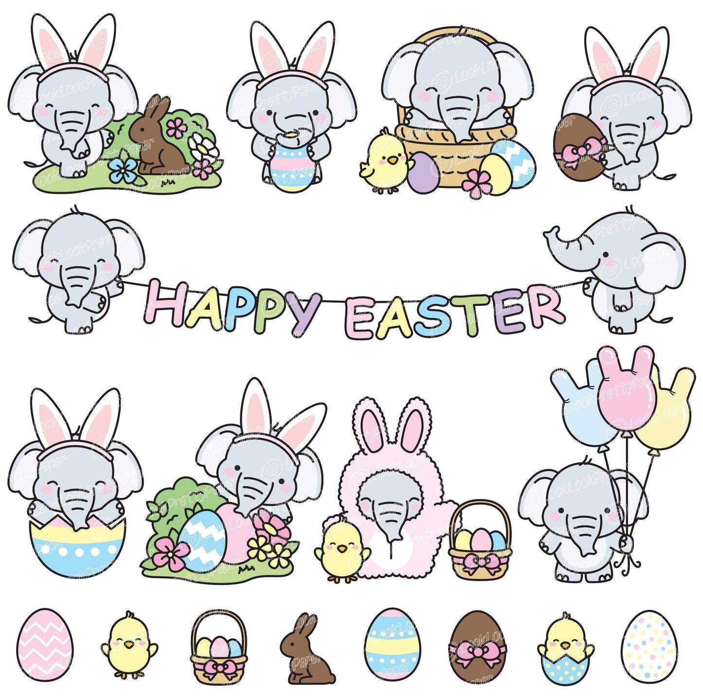 Premium Vector Clipart - Kawaii Easter Elephants - Cute Easter Elephants Clipart Set - High Quality Vectors - Kawaii Easter Clipart