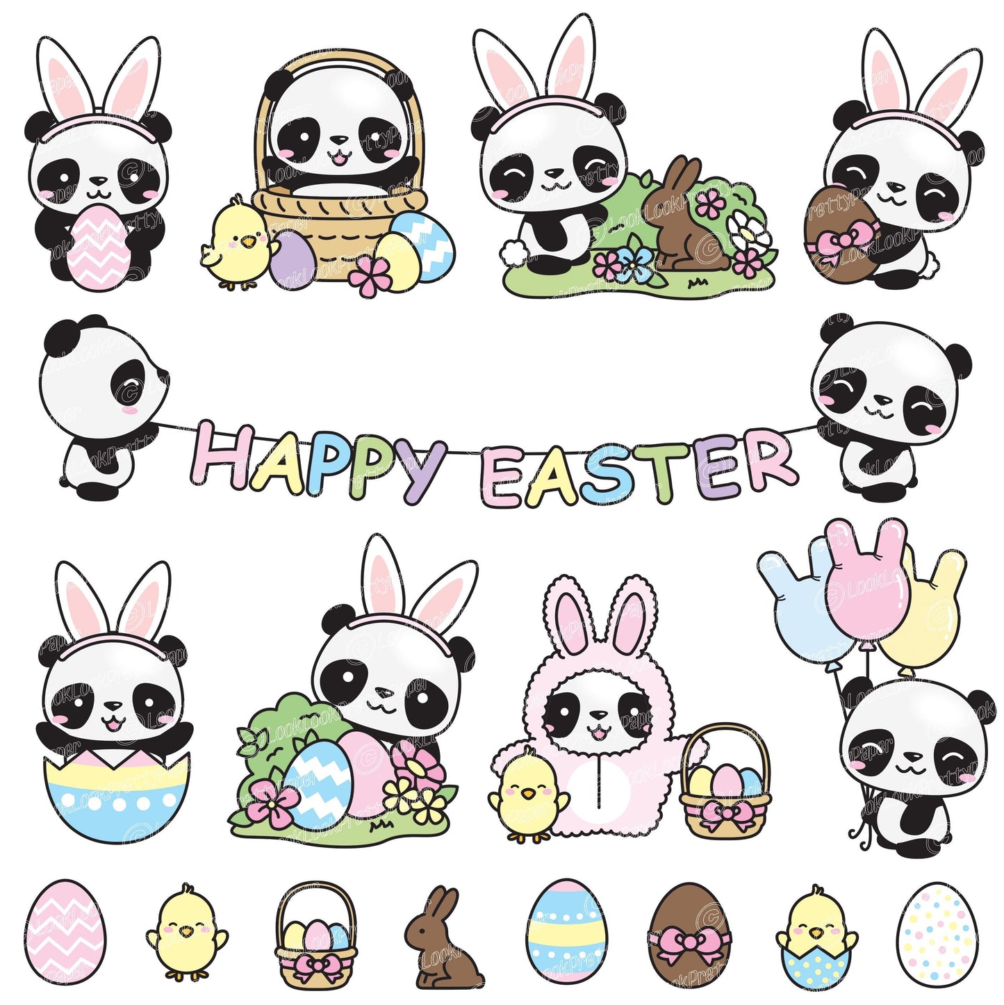 Premium Vector Clipart - Kawaii Easter Pandas - Cute Easter Panda Bears Clipart Set - High Quality Vectors - Kawaii Easter Clipart