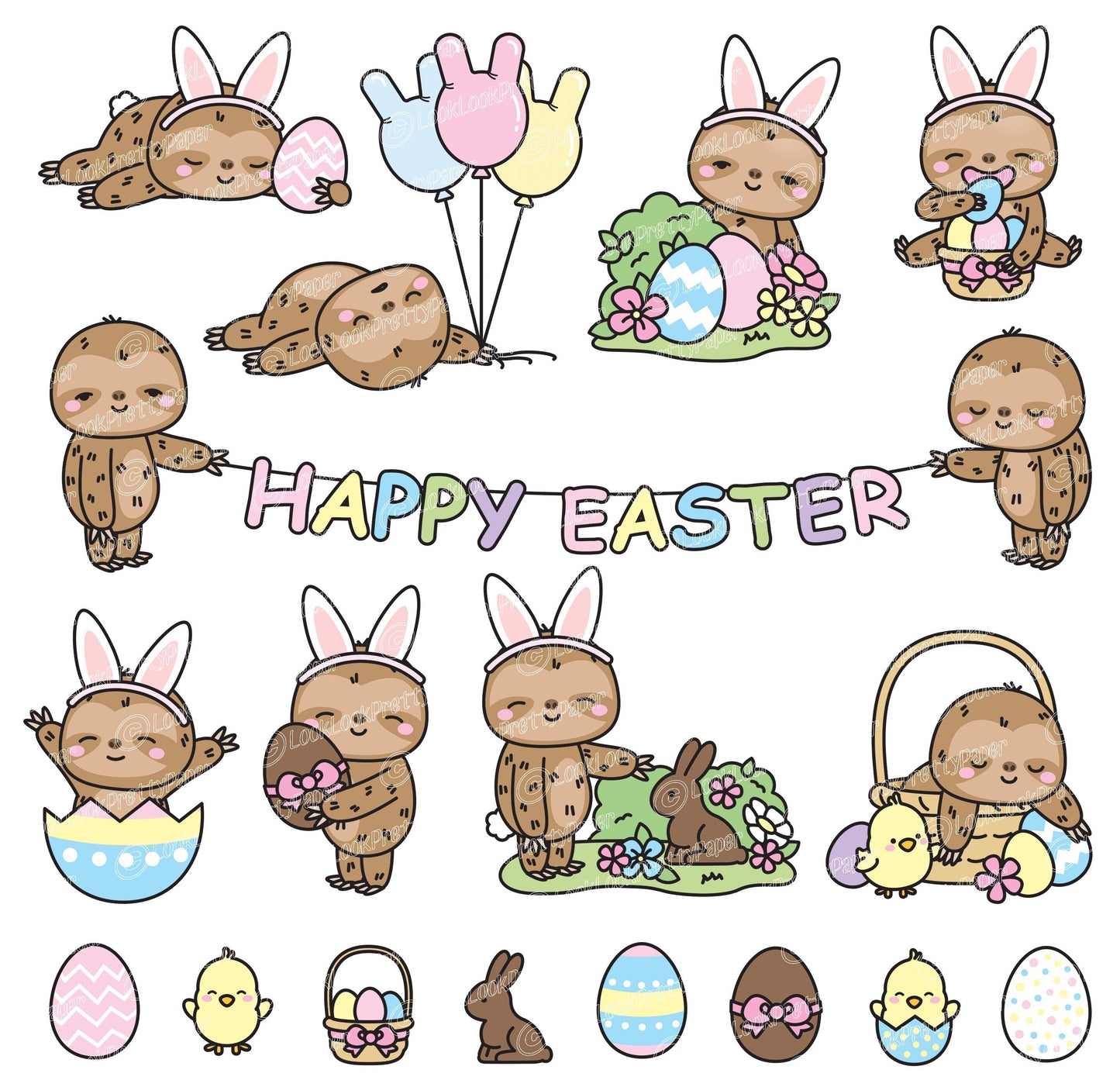 Premium Vector Clipart - Kawaii Easter Sloths - Cute Easter Sloths Clipart Set - High Quality Vectors - Kawaii Easter Clipart