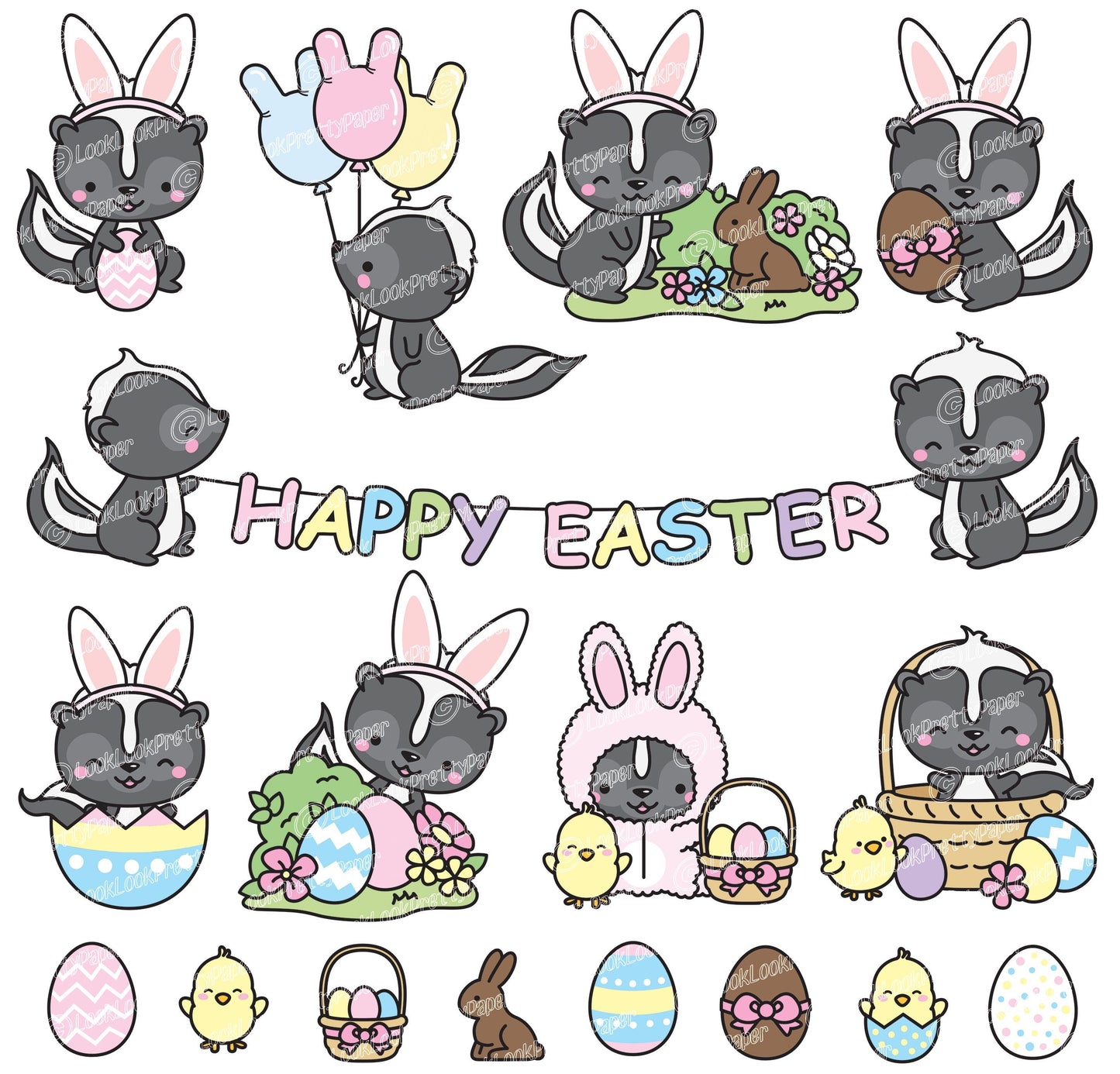 Premium Vector Clipart - Kawaii Easter Skunks - Cute Easter Skunks Clipart Set - High Quality Vectors - Kawaii Easter Clipart