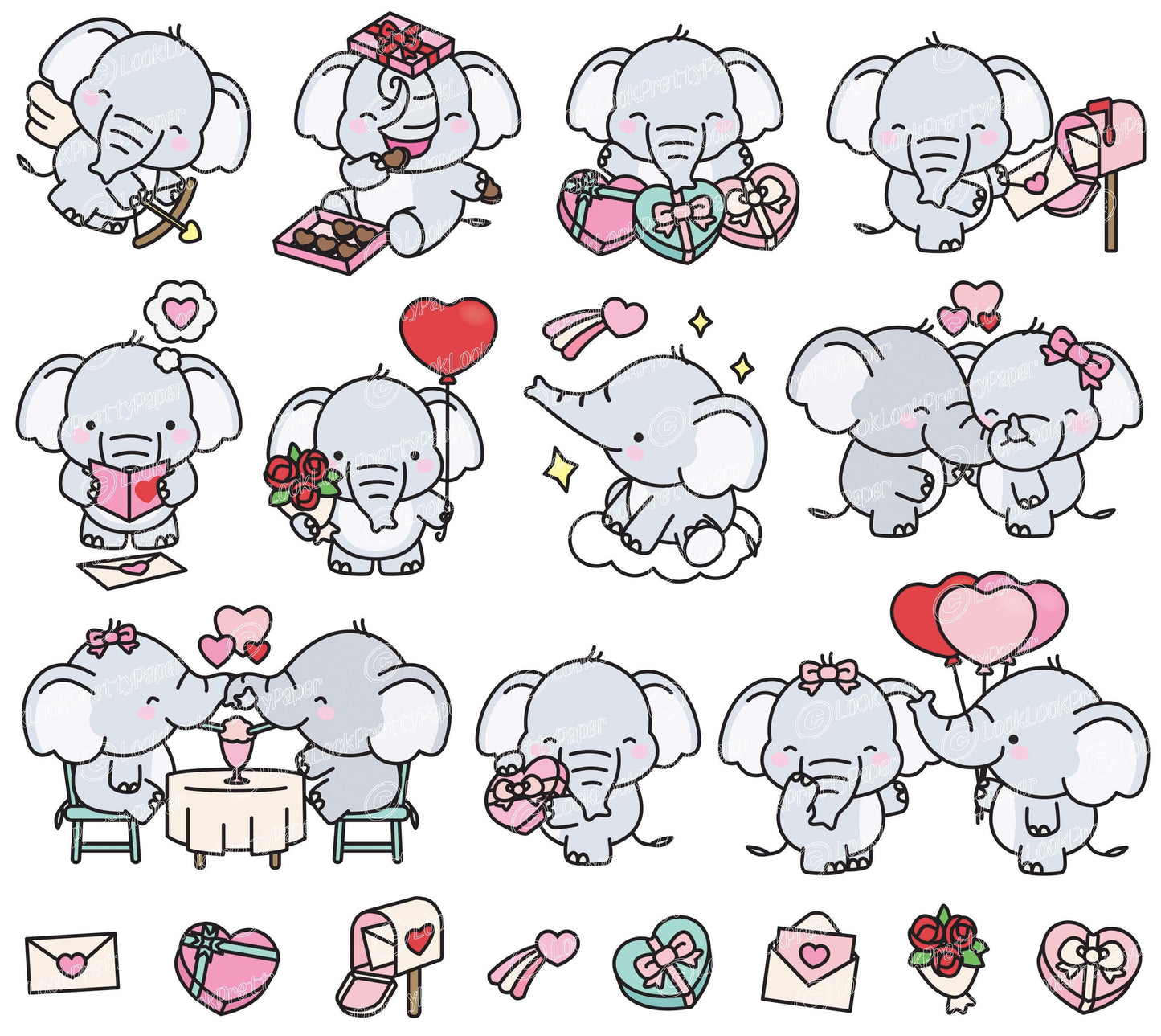 Premium Vector Clipart - Kawaii Valentines Elephants - Valentines Day Elephant Clipart Set - High Quality Vectors - Valentines Day Clipart