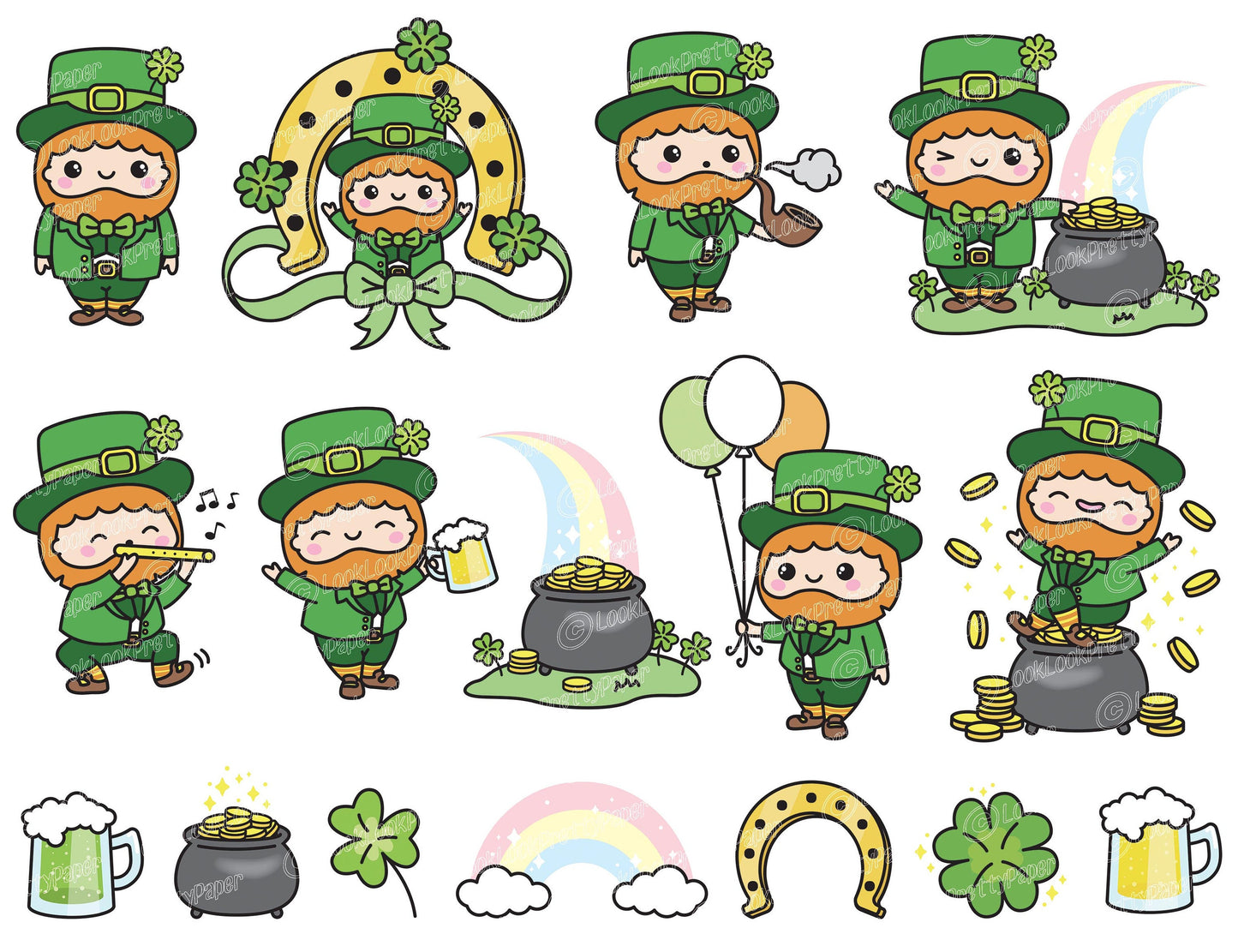 Premium Vector Clipart - Kawaii St Patrick's Day Clipart Set - Cute Leprechaun Clipart - High Quality Vectors - Kawaii Clipart