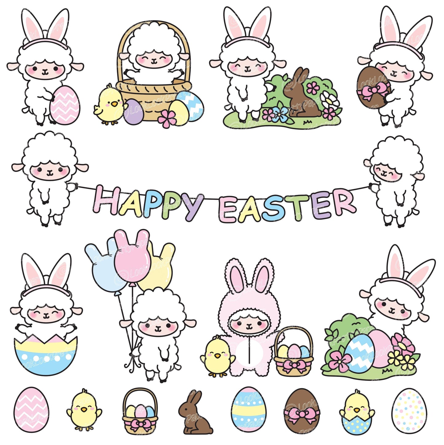 Premium Vector Clipart - Kawaii Easter Sheep - Cute Easter Sheep Clipart Set - High Quality Vectors - Kawaii Easter Clipart