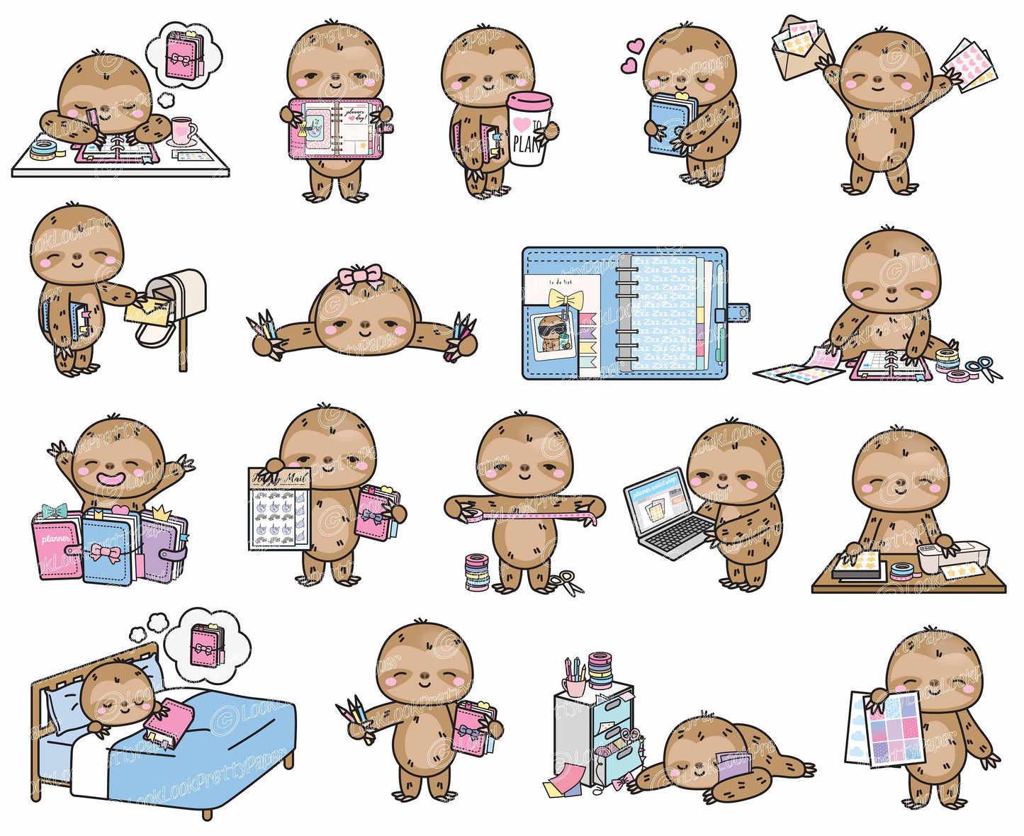 Premium Vector Clipart - Kawaii Sloth - Cute Sloths Planner Addict Clipart - Sloth Loves Planning - Instant Download - Kawaii Clipart