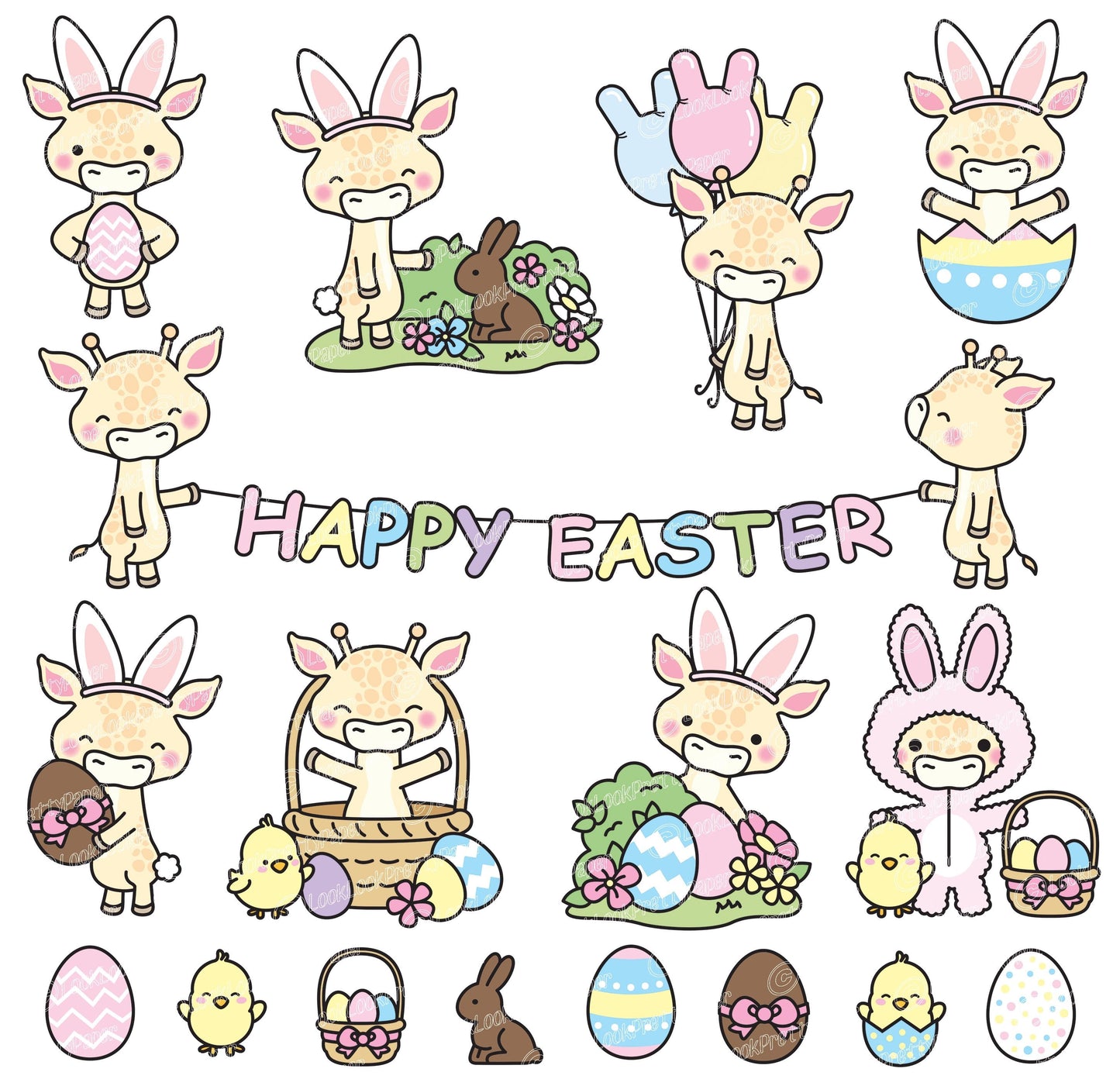 Premium Vector Clipart - Kawaii Easter Giraffes - Cute Easter Giraffes Clipart Set - High Quality Vectors - Kawaii Easter Clipart