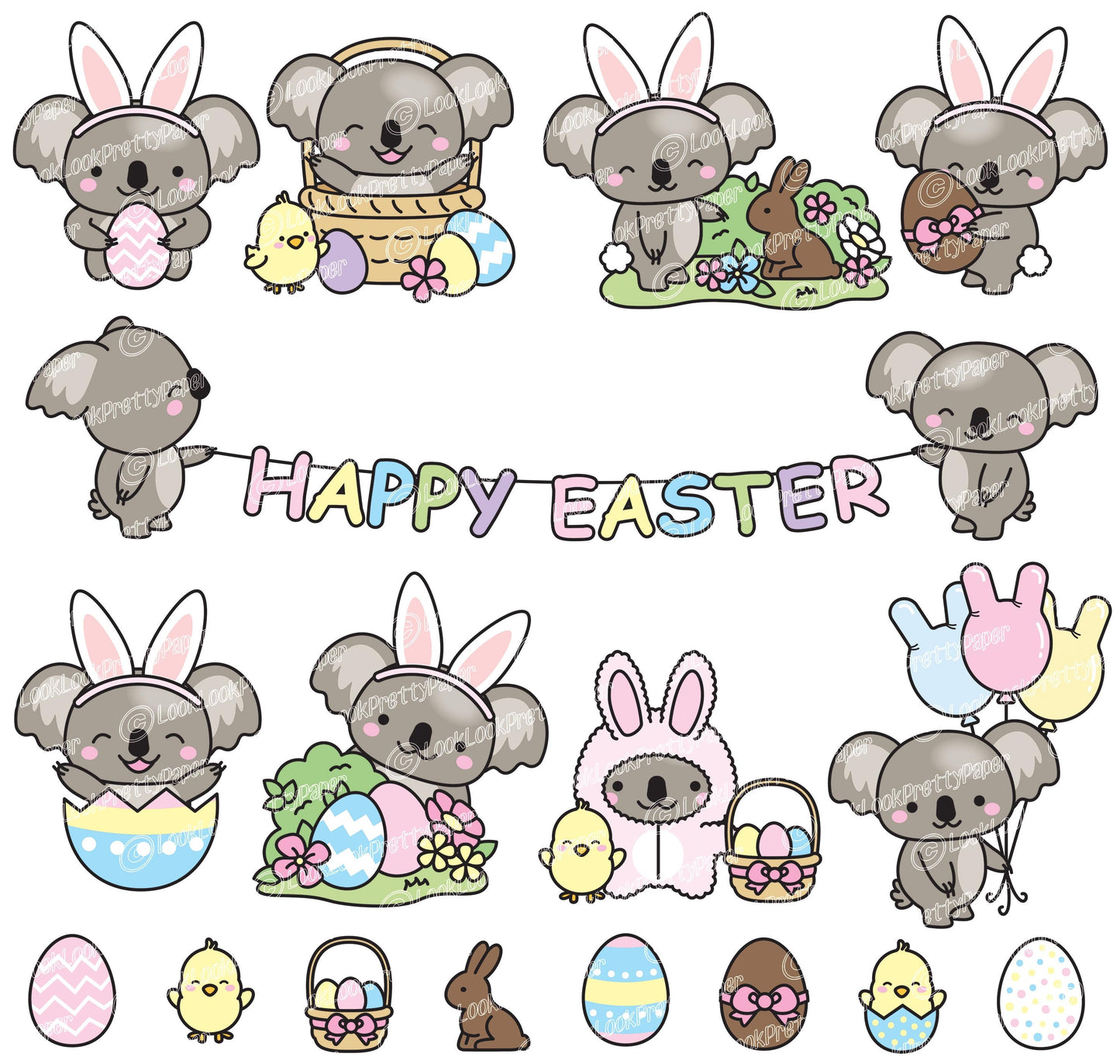 Premium Vector Clipart - Kawaii Easter Koalas - Cute Easter Koala Bears Clipart Set - High Quality Vectors - Kawaii Easter Clipart