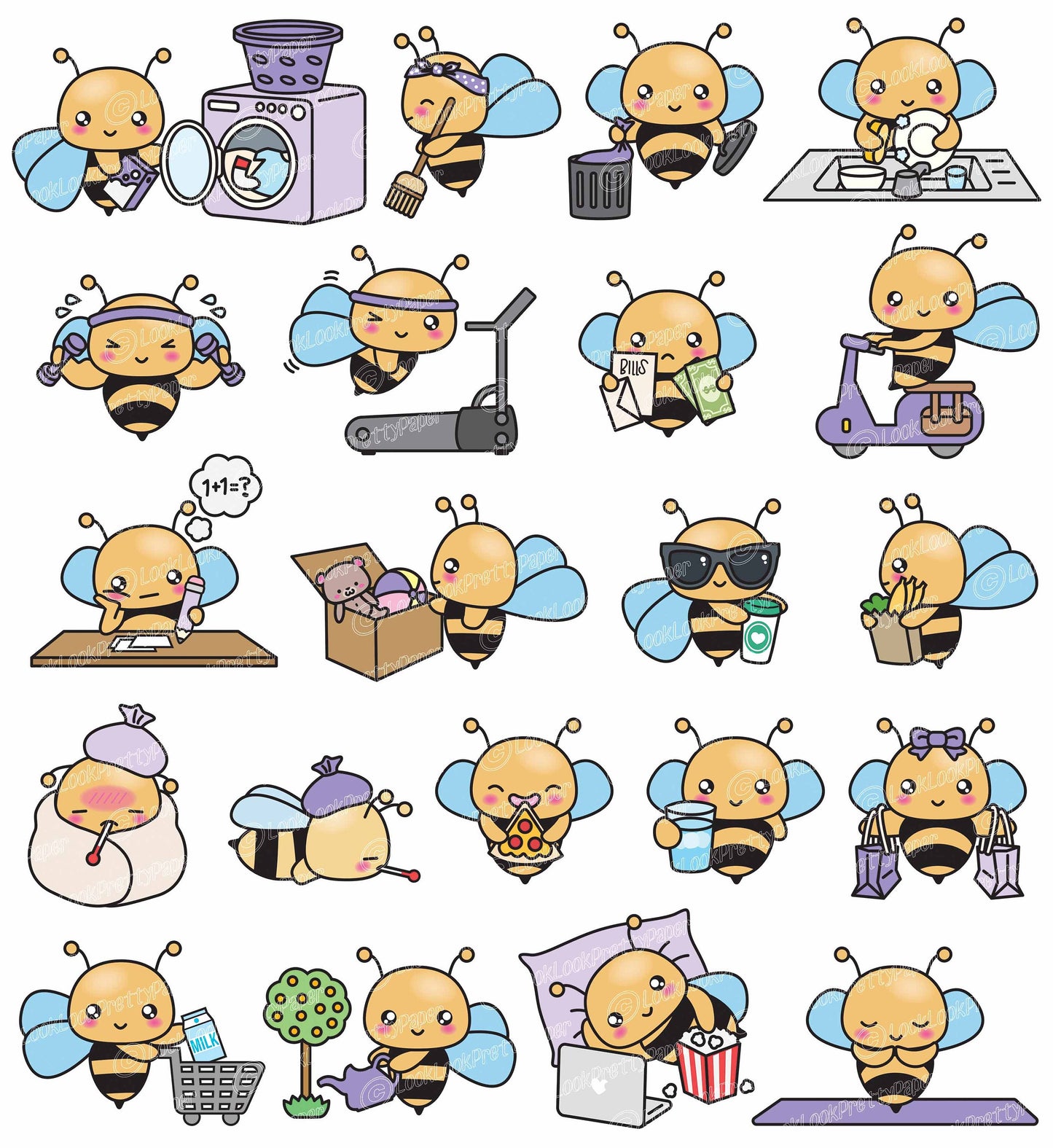 Premium Vector Clipart - Kawaii Bee - Cute Bees Planning Clipart - Cute Bee Getting Stuff Done - Instant Download - Kawaii Clipart