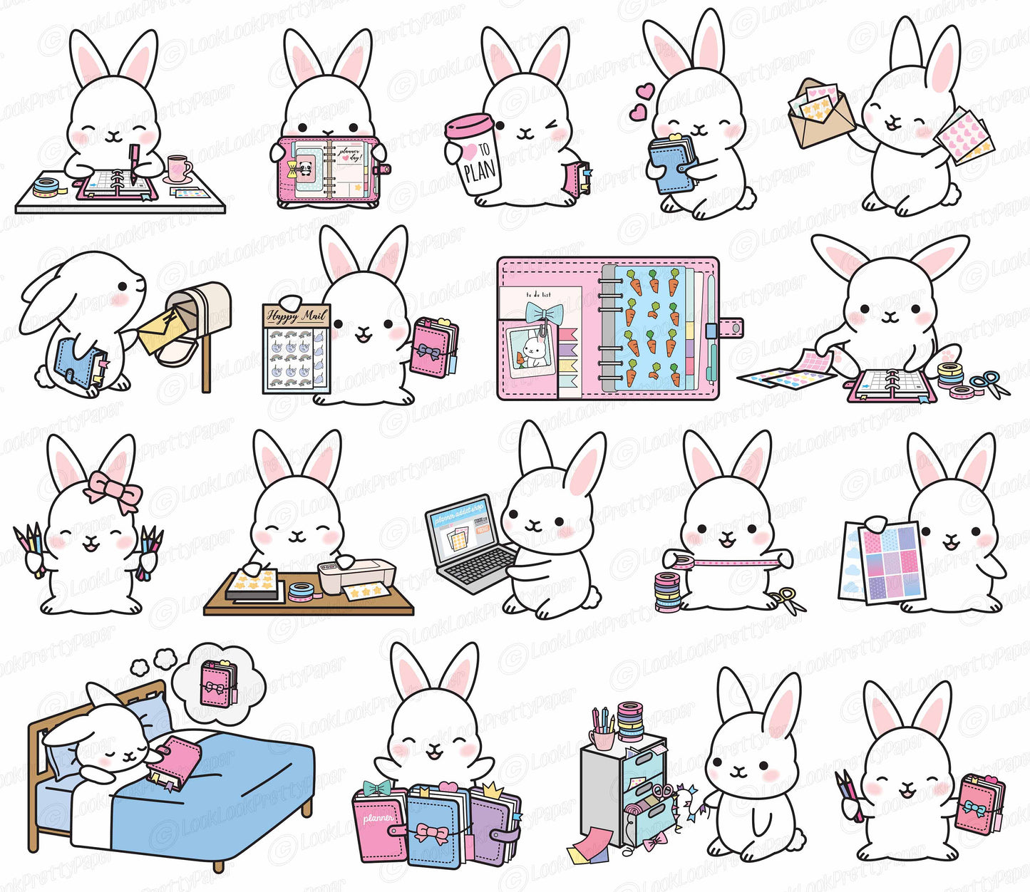 Premium Vector Clipart - Kawaii Bunny - Cute Bunnies Planner Addict Clipart - Bunny Loves Planning - Instant Download - Kawaii Clipart