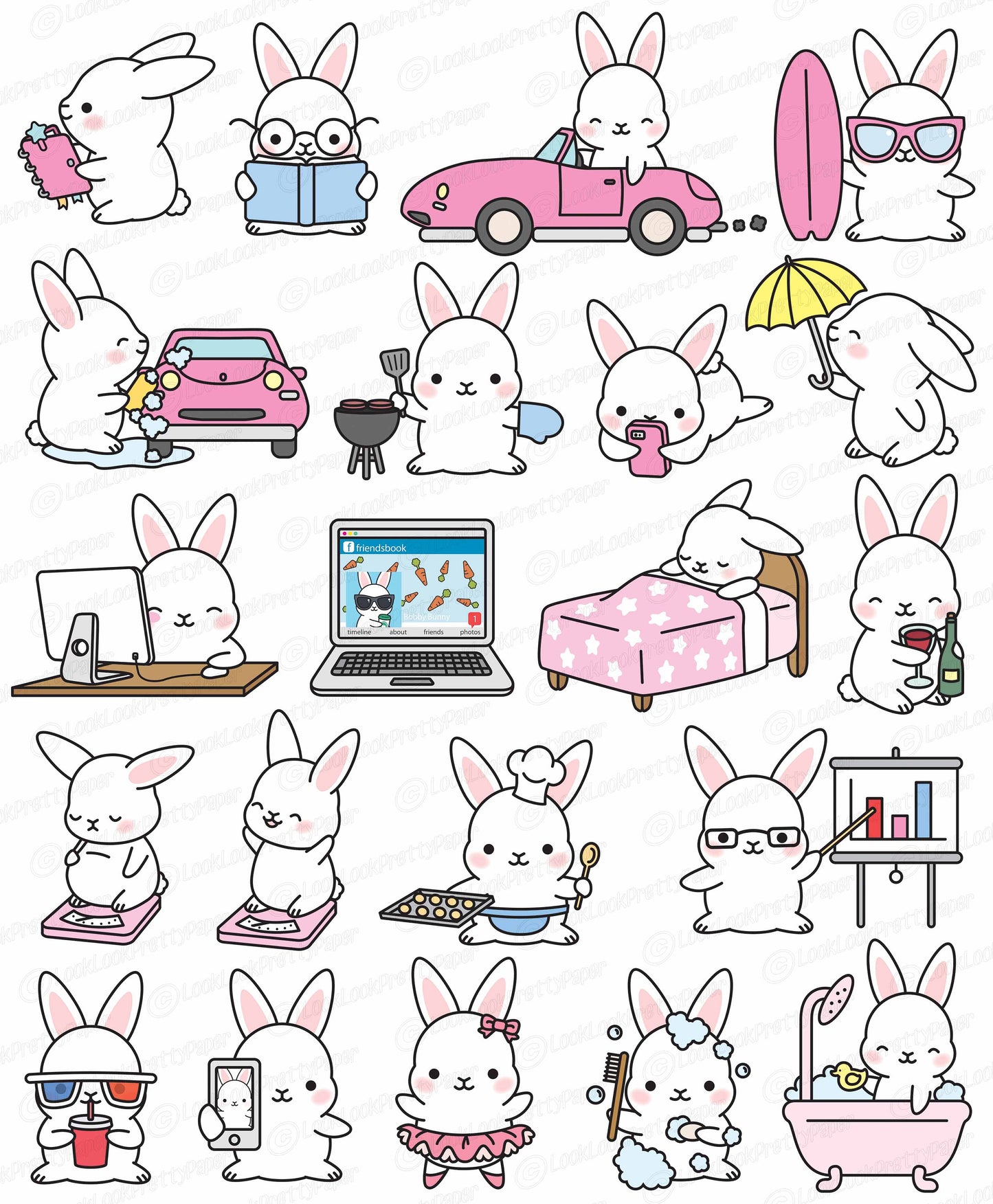 Premium Vector Clipart - Kawaii Bunny - Cute Bunny Planning Clipart - Even More Bunnies - Instant Download - Kawaii Clipart