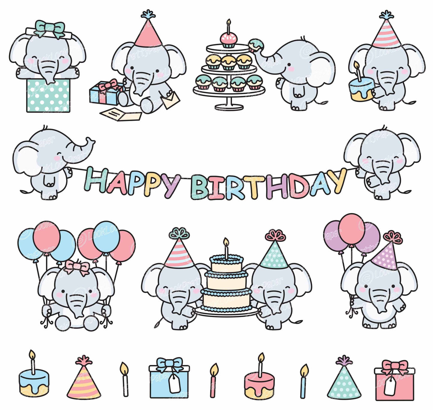 Premium Vector Clipart - Kawaii Birthday Elephants - Cute Birthday Elephants Clipart Set - High Quality Vectors - Kawaii Birthday Clipart