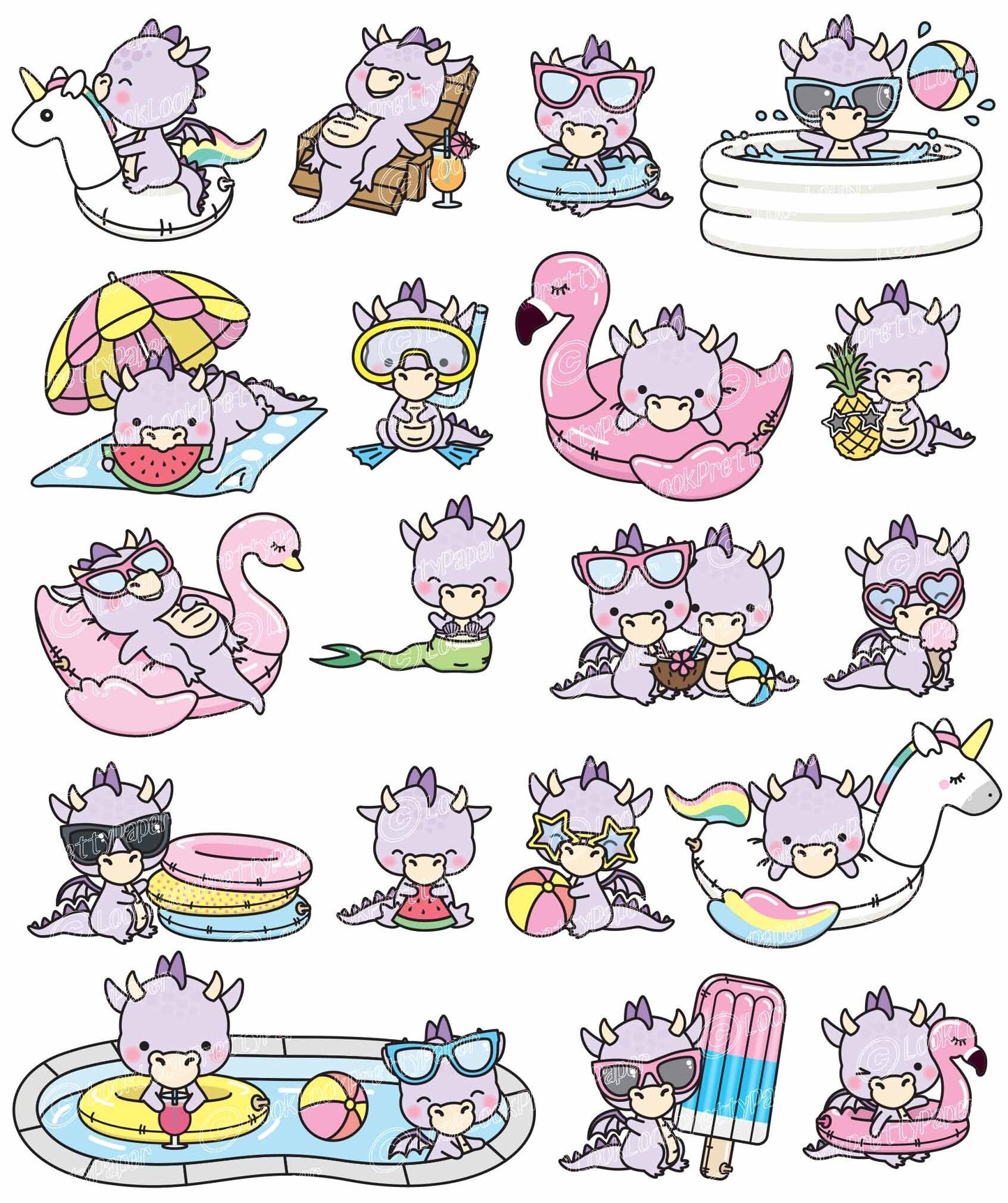 Premium Vector Clipart - Kawaii Purple Dragon - Cute Purple Dragons Pool Party Clipart - Pool Party - Instant Download - Kawaii Clipart