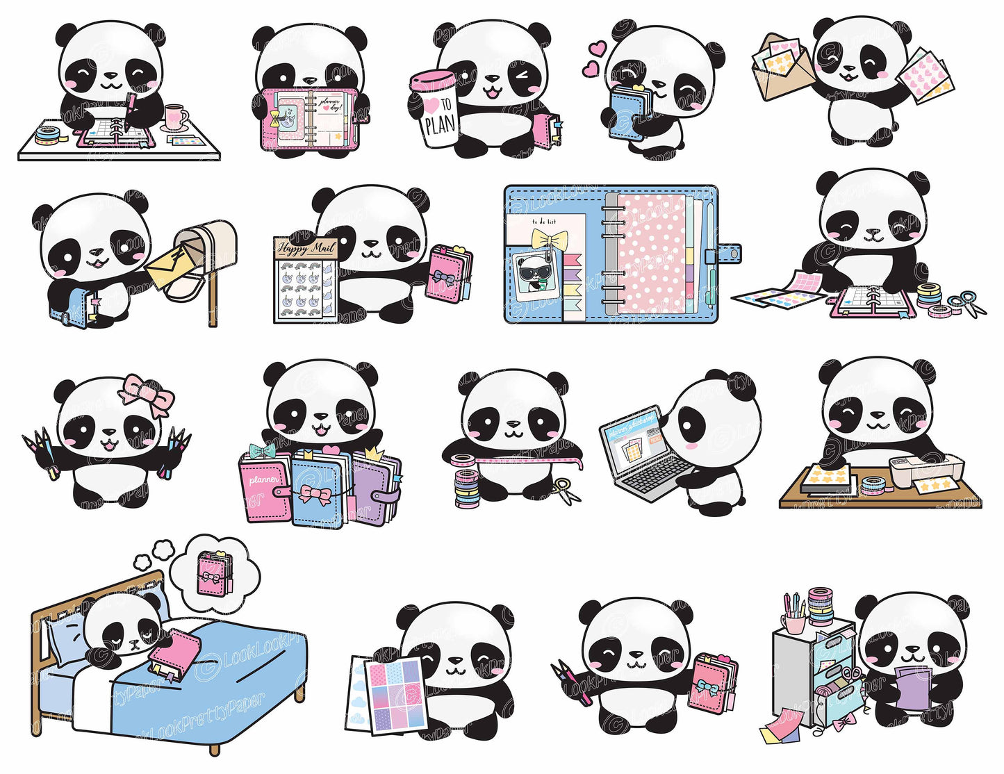 Premium Vector Clipart - Kawaii Panda - Cute Pandas Planner Addict Clipart - Panda Loves Planning - Instant Download - Kawaii Clipart