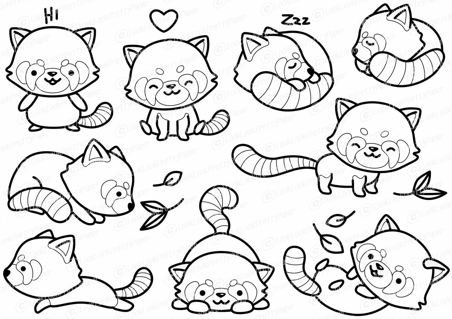 Premium Vector Clipart - Kawaii Red Panda Outlines - Cute Red Pandas Outlines Clipart Set - High Quality Vectors - Instant Download