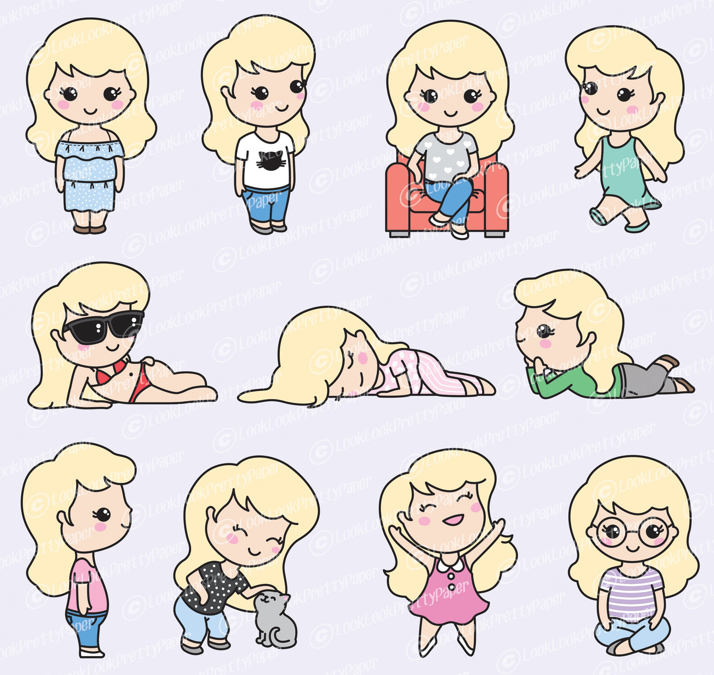 Premium Vector Clipart - Cute Me - Kawaii Girls - Cute Girls Clipart Set - High Quality Vectors - Blonde Hair - Kawaii Clipart