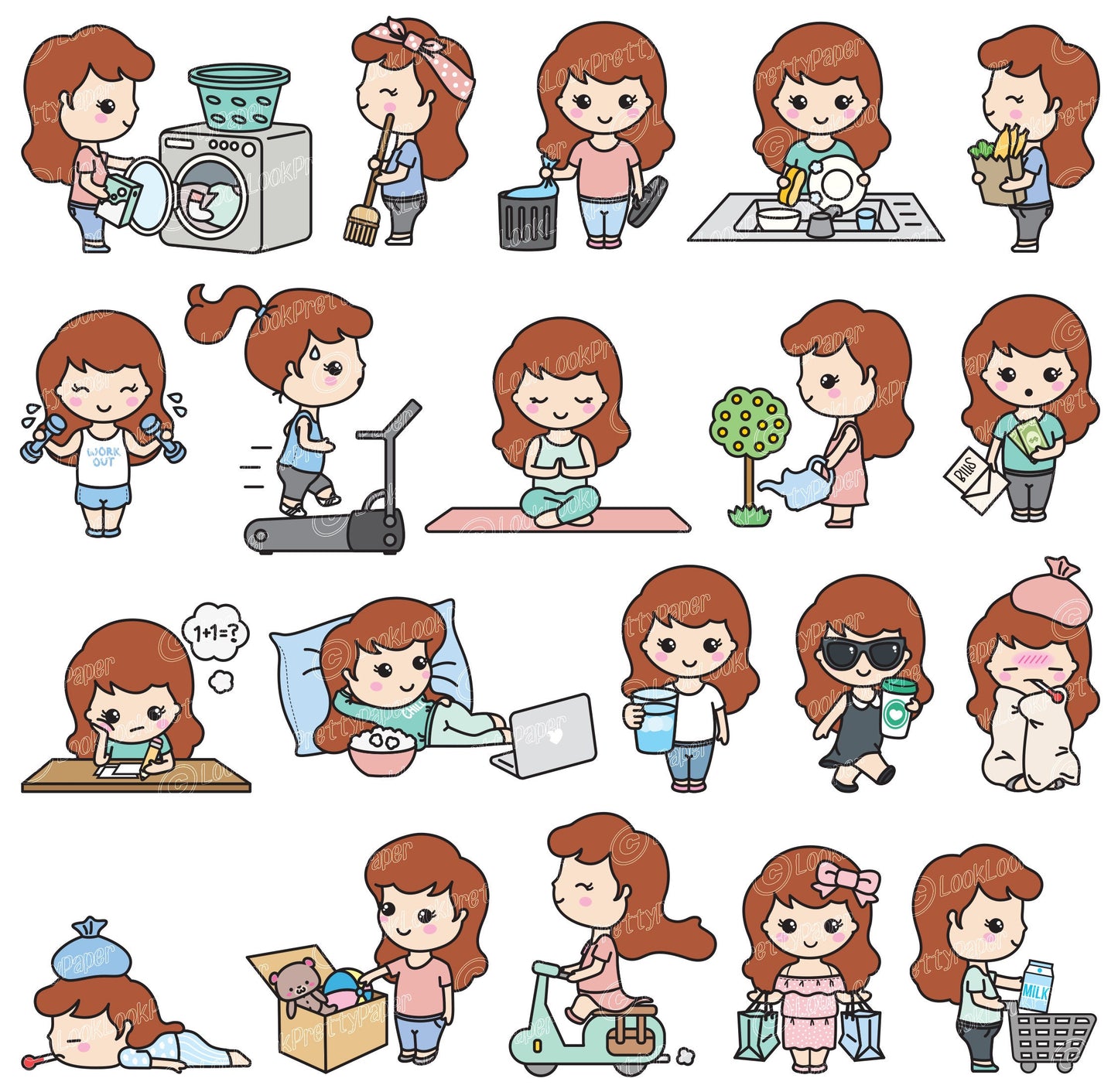 Premium Vector Clipart - Cute Me - Kawaii Girl - Cute Girl Planning Clipart - Red Hair - Kawaii Clipart