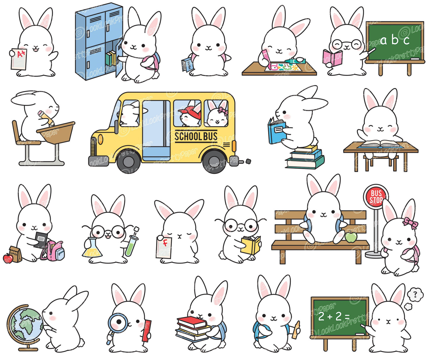 Premium Vector Clipart - Kawaii Bunny Back To School - Cute Bunnies Clipart Set - High Quality Vectors - Kawaii School Clipart