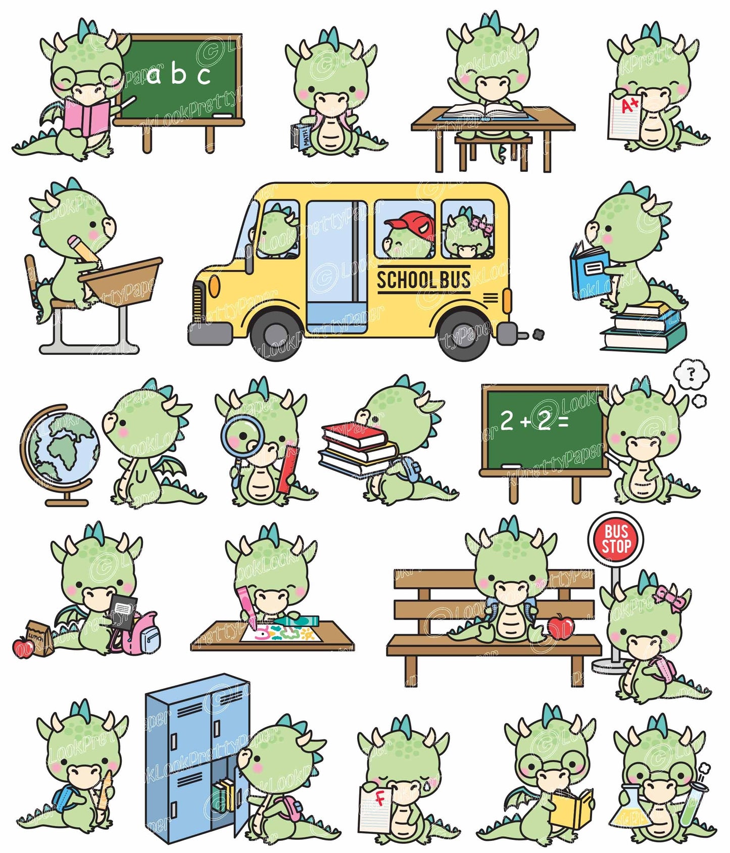 Premium Vector Clipart - Kawaii Dragons Back To School - Cute Dragons Clipart Set - High Quality Vectors - Kawaii School Clipart