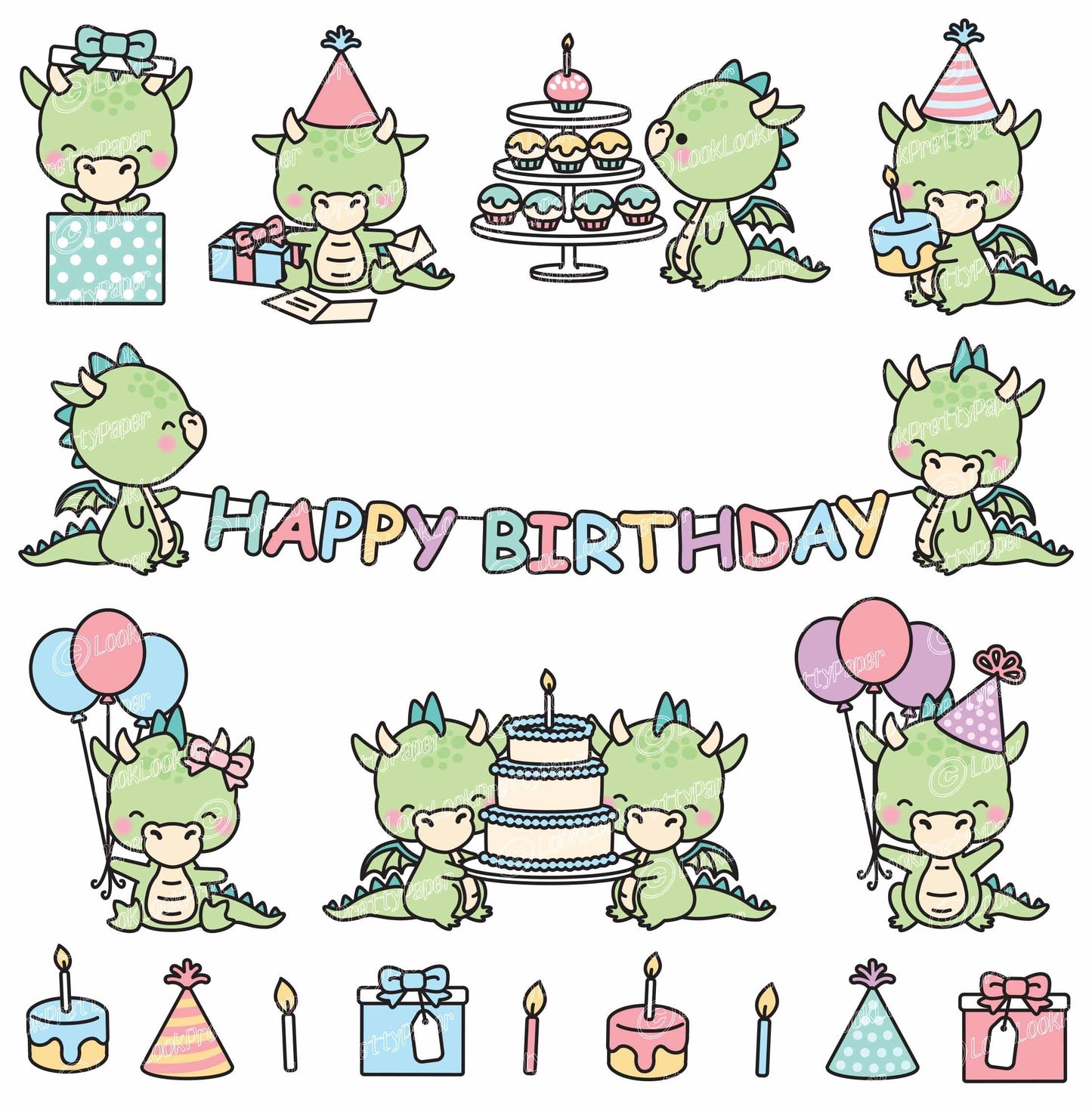 Premium Vector Clipart - Kawaii Birthday Dragons - Cute Birthday Dragons Clipart Set - High Quality Vectors - Kawaii Christmas Clipart