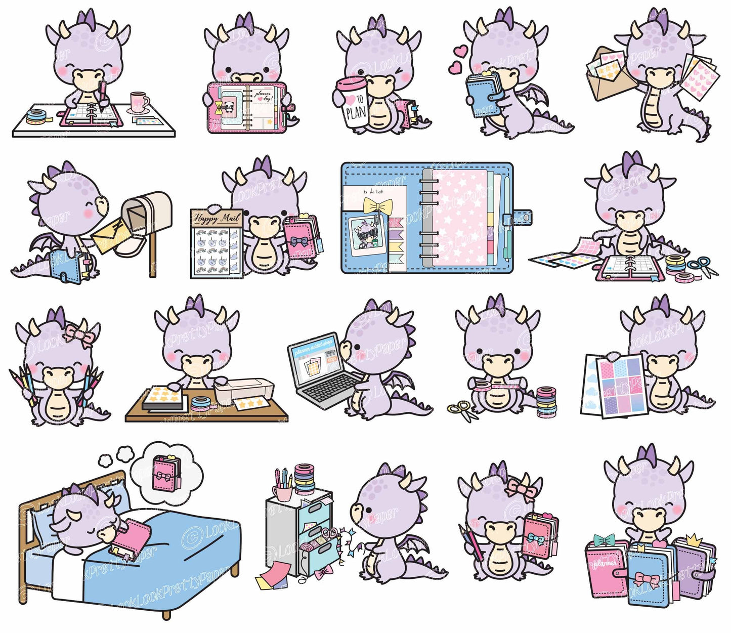 Premium Vector Clipart - Kawaii Dragon - Purple Dragons Planner Addict Clipart - Dragon Loves Planning - Instant Download - Kawaii Clipart