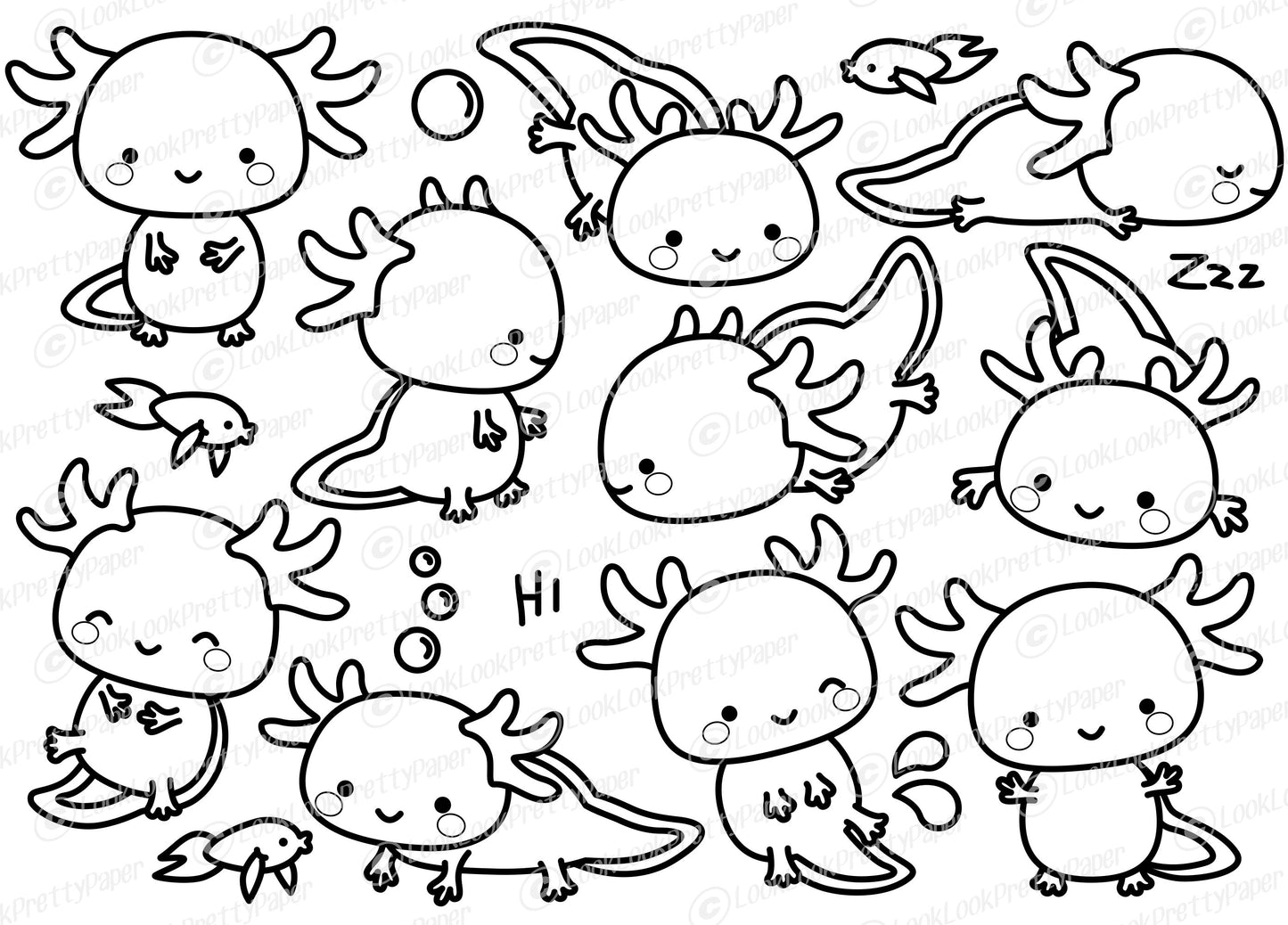 Premium Vector Clipart - Kawaii Axolotl Outlines - Cute Axolotl Outlines Clipart Set - High Quality Vectors - Instant Download