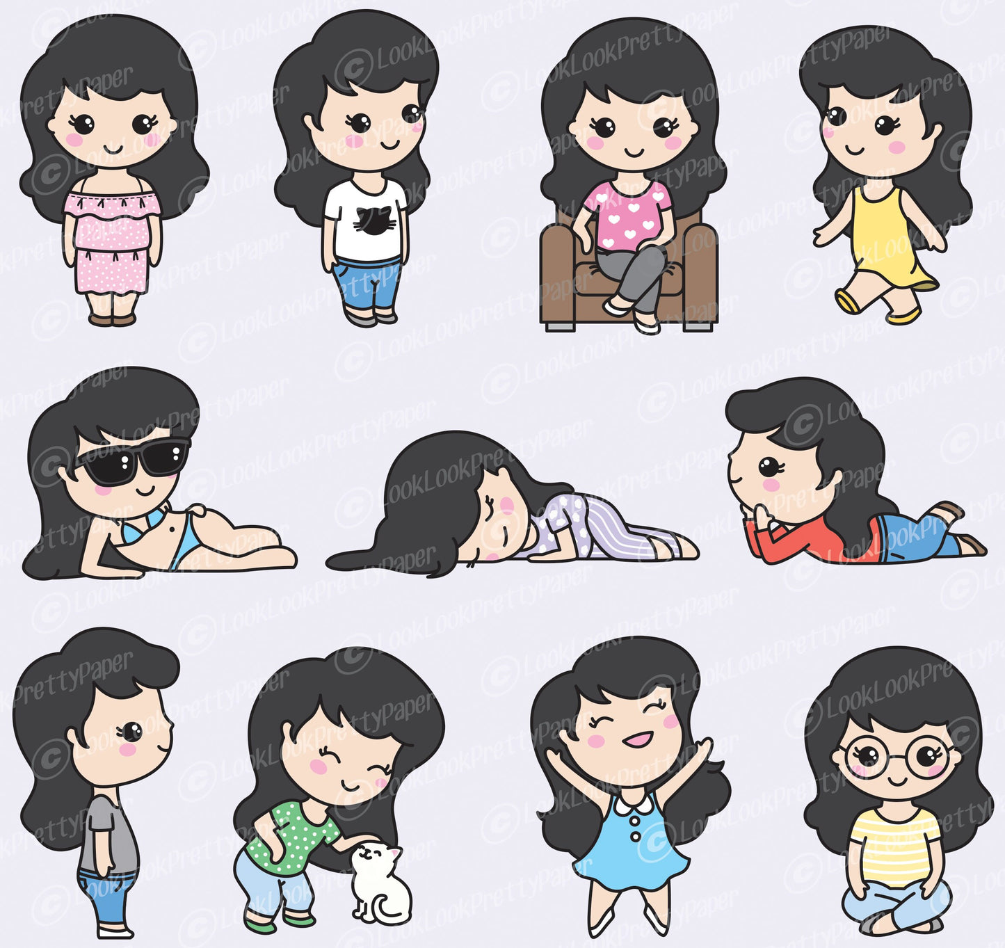 Premium Vector Clipart - Cute Me - Kawaii Girls - Cute Girls Clipart Set - High Quality Vectors - Black Hair - Kawaii Clipart