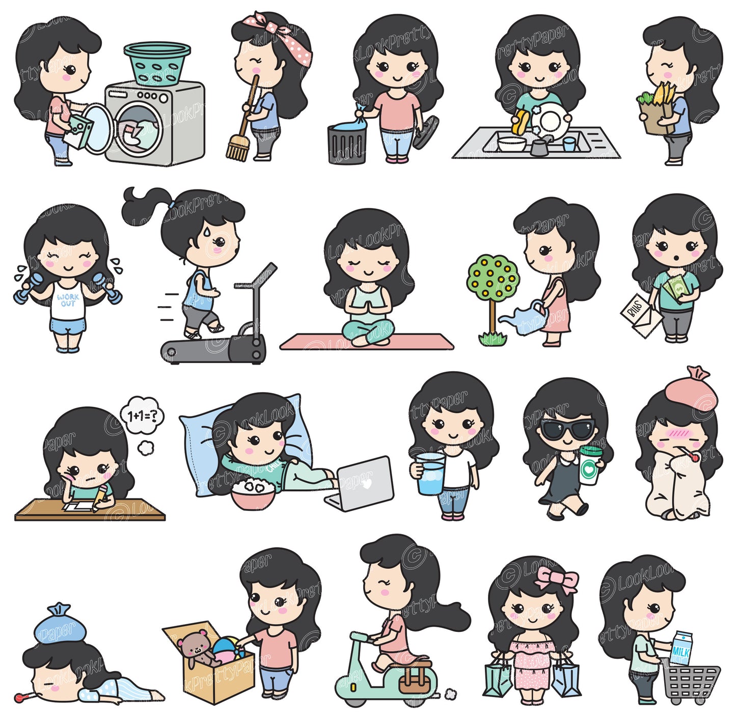 Premium Vector Clipart - Cute Me - Kawaii Girl - Cute Girl Planning Clipart - Black Hair - Kawaii Clipart