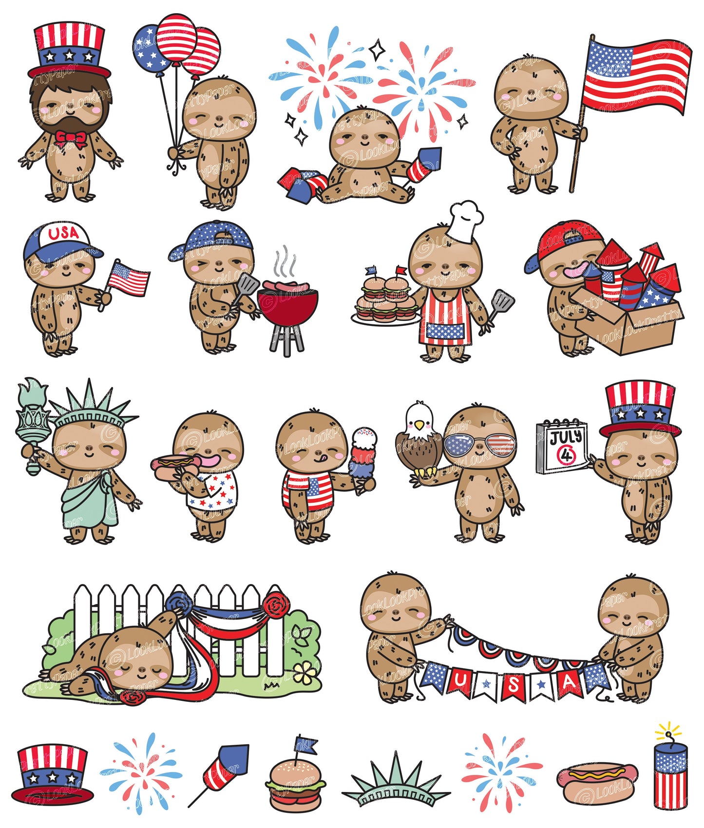 Premium Vector Clipart - Kawaii Sloth - Cute Sloth Clipart - 4th of July Sloths - Independence Day BBQ - Kawaii Clipart