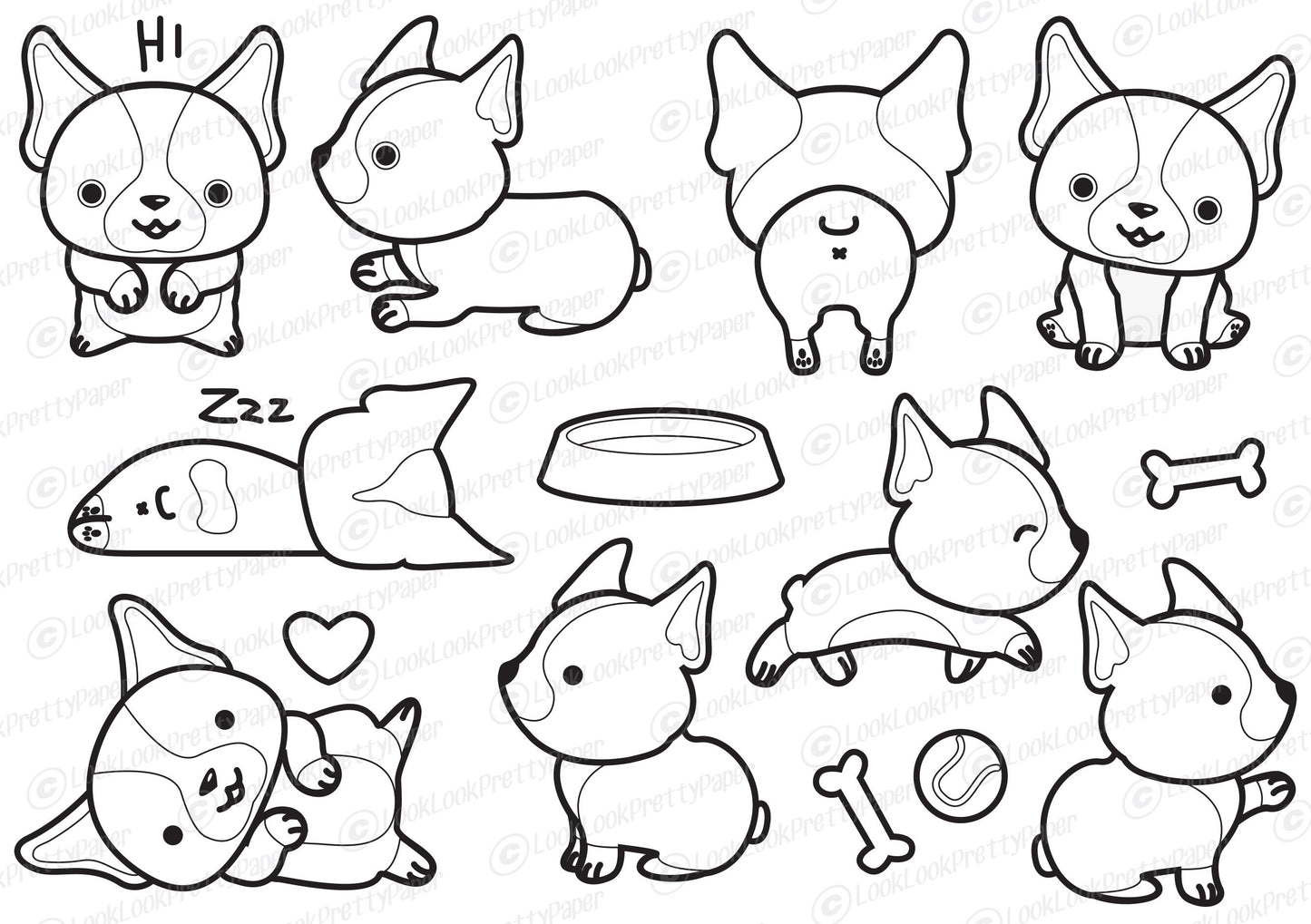 Premium Vector Clipart - Kawaii Boston Terriers - Cute Bostons Clipart Set - High Quality Vectors - Black + White Outlines - Kawaii Clipart