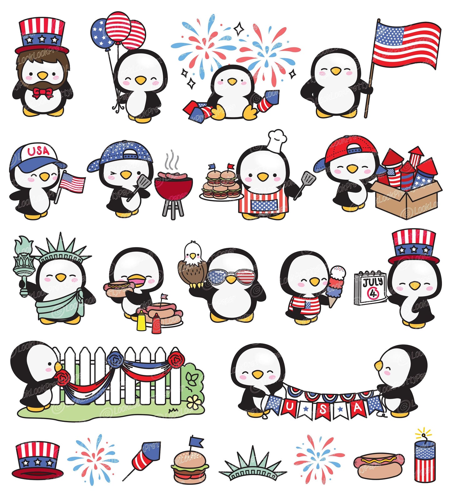 Premium Vector Clipart - Kawaii Penguin - Cute Penguin Clipart - 4th of July Penguins - Independence Day BBQ - Kawaii Clipart