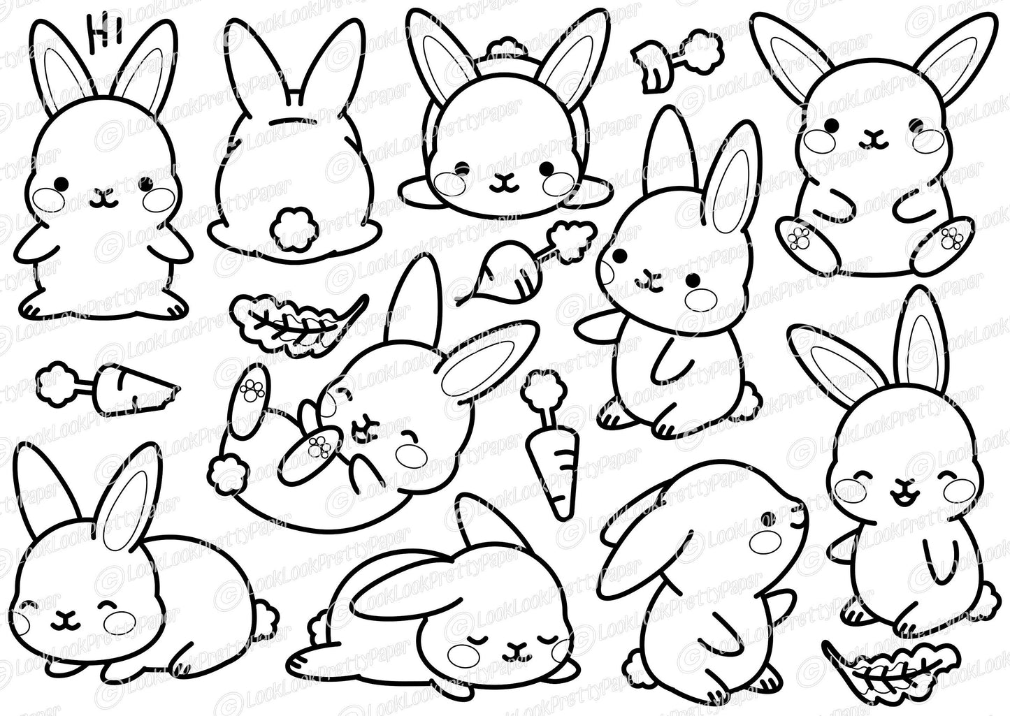 Premium Vector Clipart - Kawaii Bunny Outlines - Cute Bunny Outlines Clipart Set - High Quality Vectors - Instant Download - Kawaii Clipart