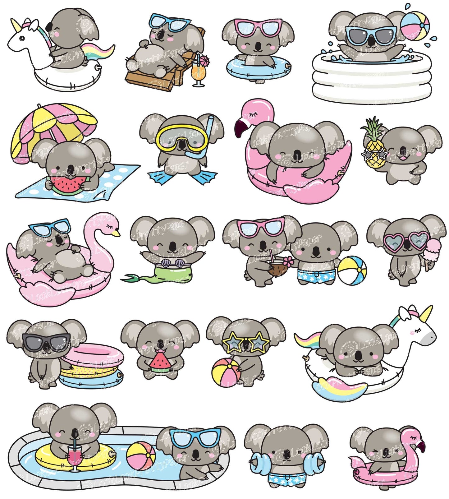 Premium Vector Clipart - Kawaii Koala - Cute Koala Pool Party Clipart - Pool Party - Instant Download - Kawaii Clipart