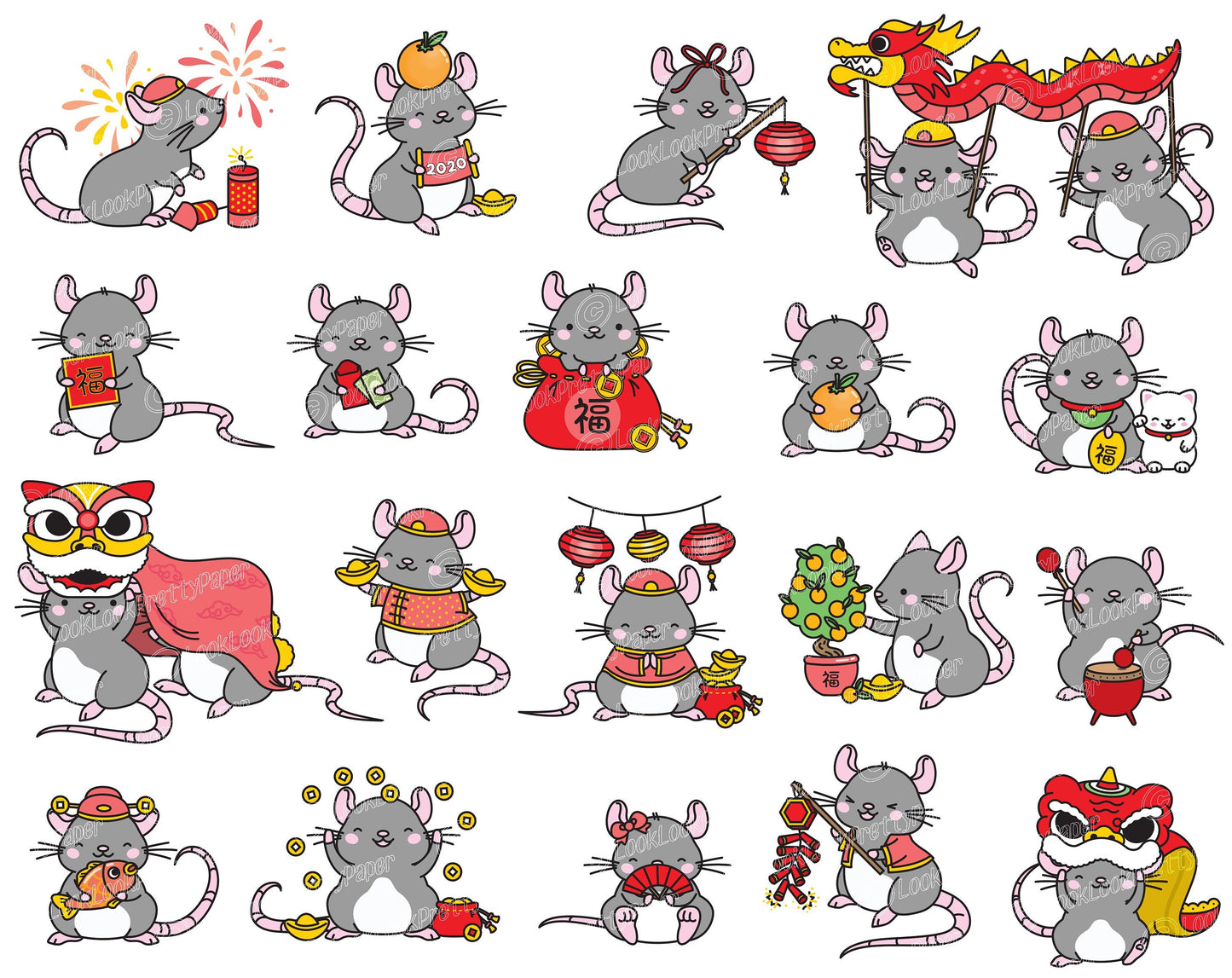 Premium Vector Clipart - Kawaii Chinese New Year - Cute Year of the Rat - 2020 - Kawaii Rat - Instant Download - Kawaii Clipart