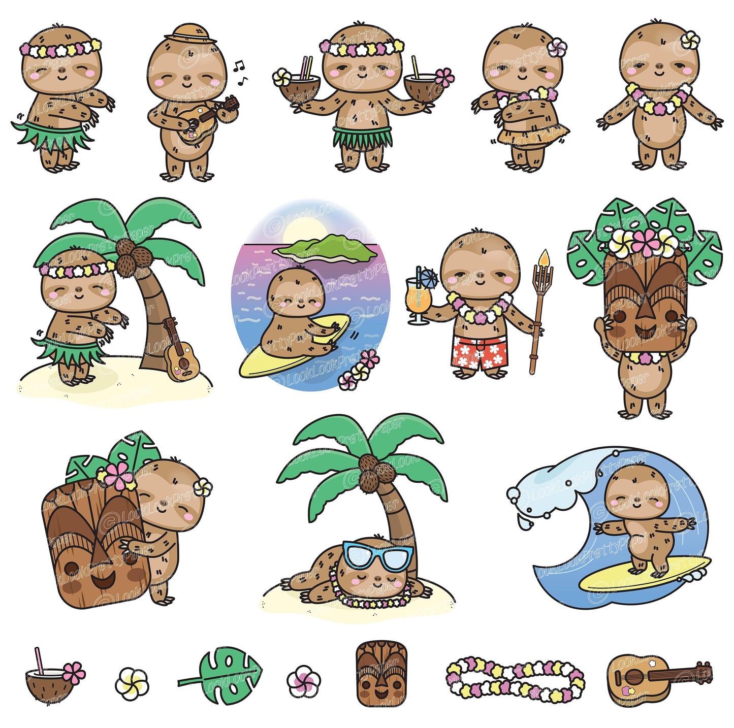 Premium Vector Clipart - Kawaii Sloth - Cute Sloths in Hawaii Clipart - Hawaii - Instant Download - Kawaii Clipart