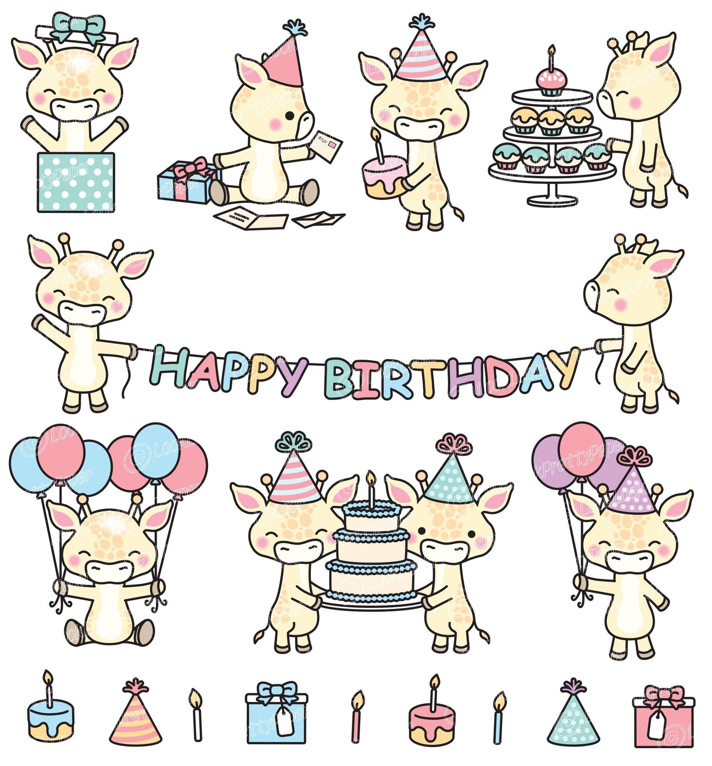 Premium Vector Clipart - Kawaii Birthday Giraffes - Cute Birthday Giraffes Clipart Set - High Quality Vectors - Kawaii Birthday Clipart