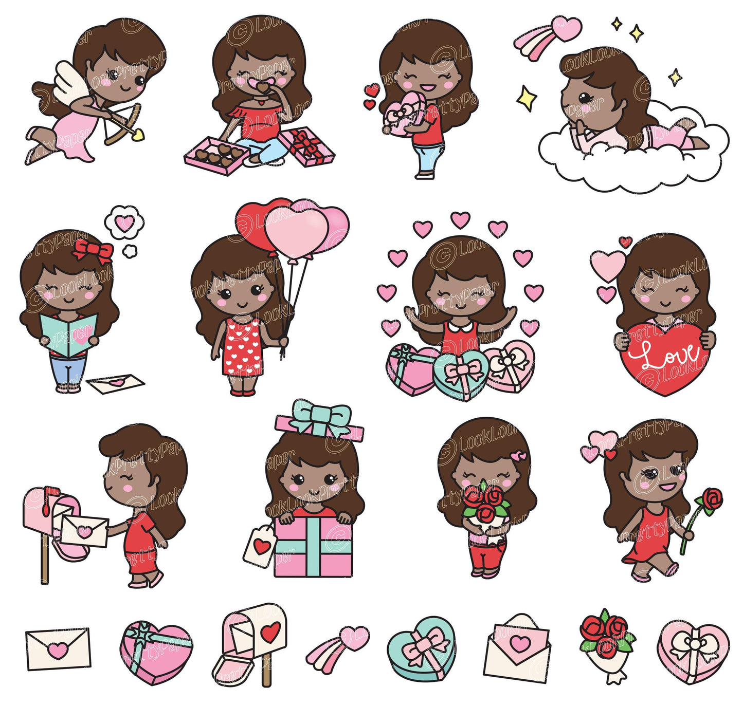 Premium Vector Clipart - Kawaii Valentines Day Cute Me - Valentines Day Girl Clipart Set - Cute Valentines Day Clipart - Dark Skin