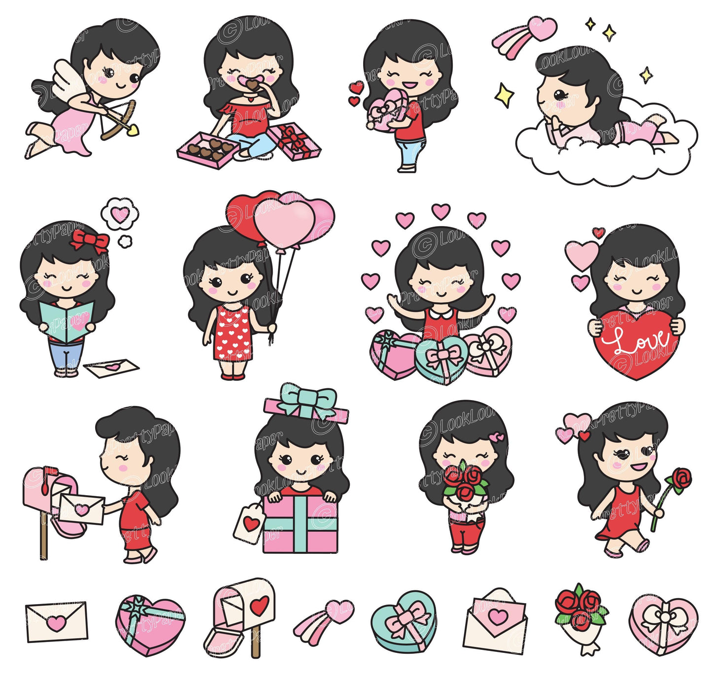 Premium Vector Clipart - Kawaii Valentines Day Cute Me - Valentines Day Girl Clipart Set - Cute Valentines Day Clipart - Black Hair