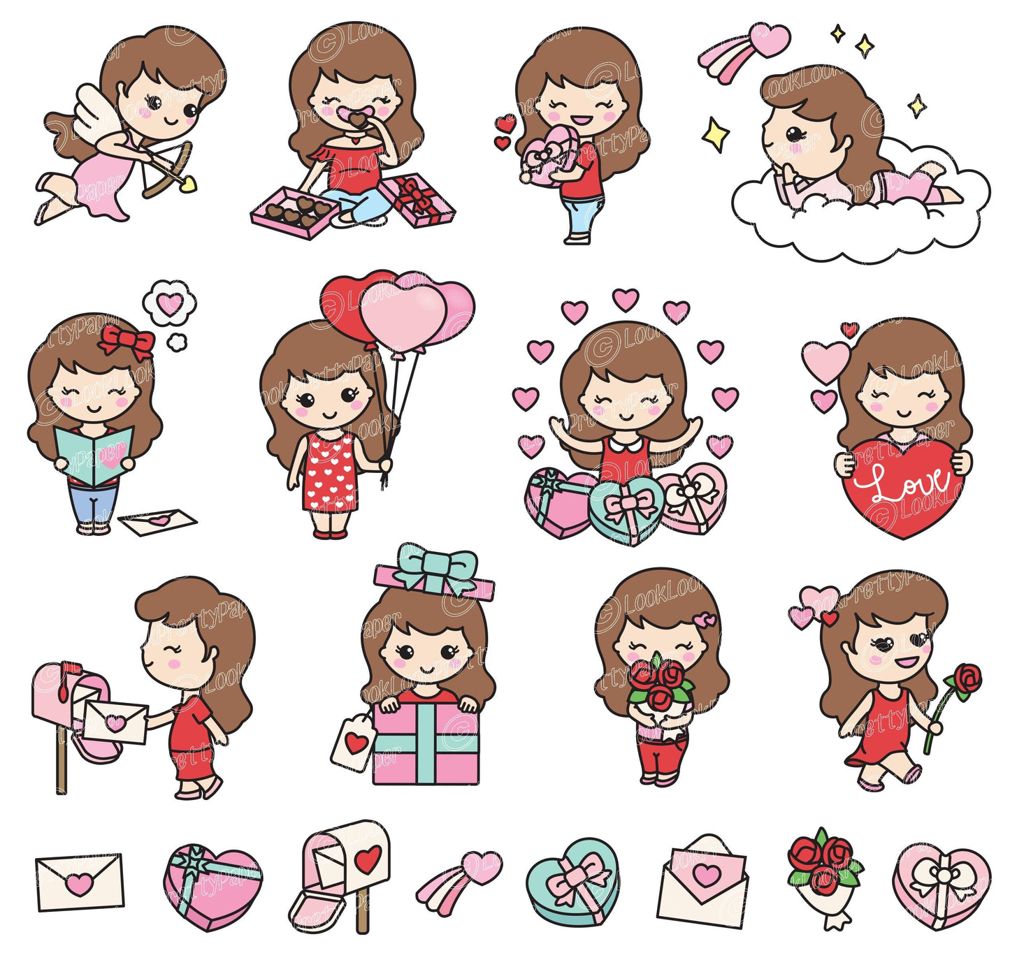 Premium Vector Clipart - Kawaii Valentines Day Cute Me - Valentines Day Girl Clipart Set - Cute Valentines Day Clipart - Brown Hair